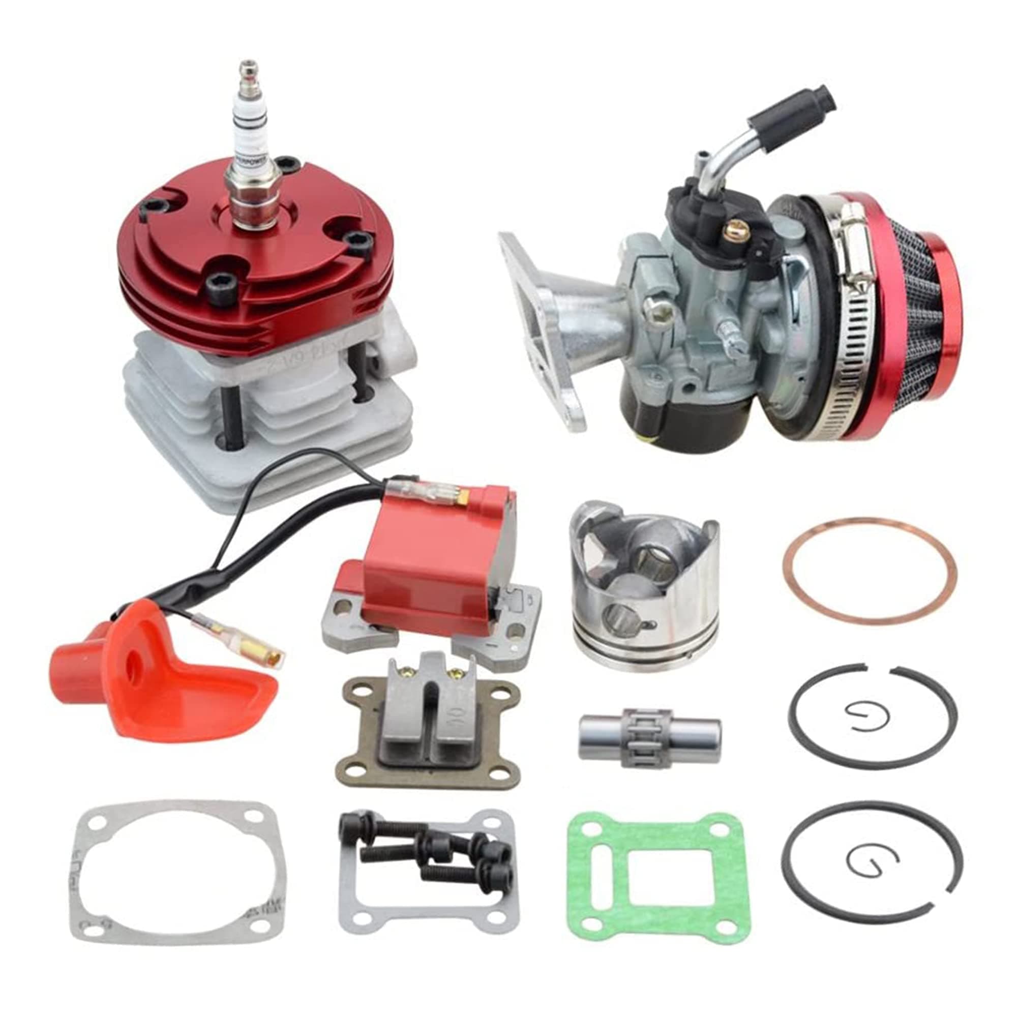 GOOFIT 44mm Cylinder Carburetor Air Filter Ignition Coil Set Big Bore 53cc 54cc Top Kit of Piston for 47cc 49cc 2-Stroke Engine Pocket Bike Atv Quad Motorcycle Red