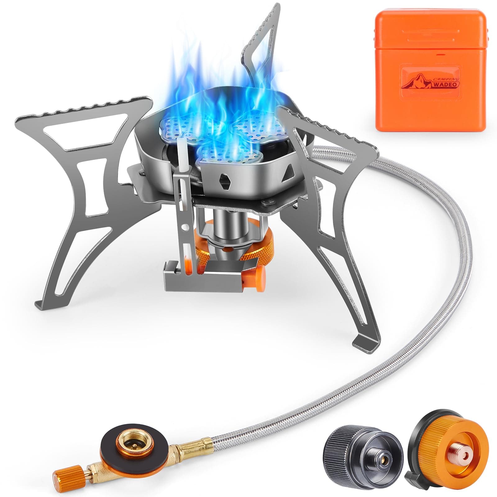 WADEO 6800W Windproof Camping Stove, Backpacking Stove with Piezo Ignition and Fuel Canister Adapters, Camping Gas Stove for Outdoor Backpacking Hiking and Picnic