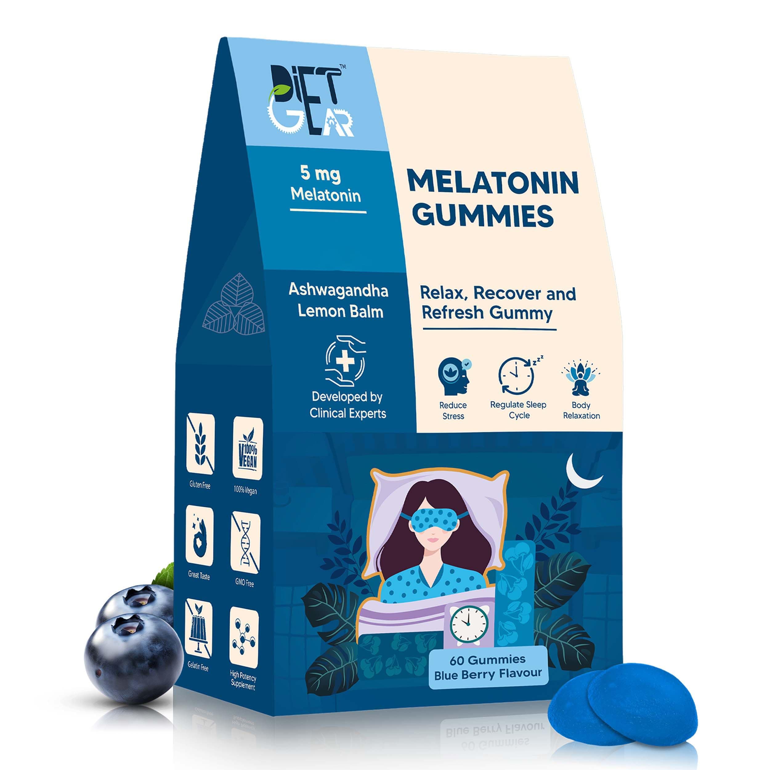 5 mg Melatonin Gummies for Regulated Peaceful Sleep, Undisturbed Deep Sleep, No next Day Drowsiness | With Ashwagandha, Lemon Balm, Tagara Root, Magnesium | 60 Gummies | Blueberry Flavour |