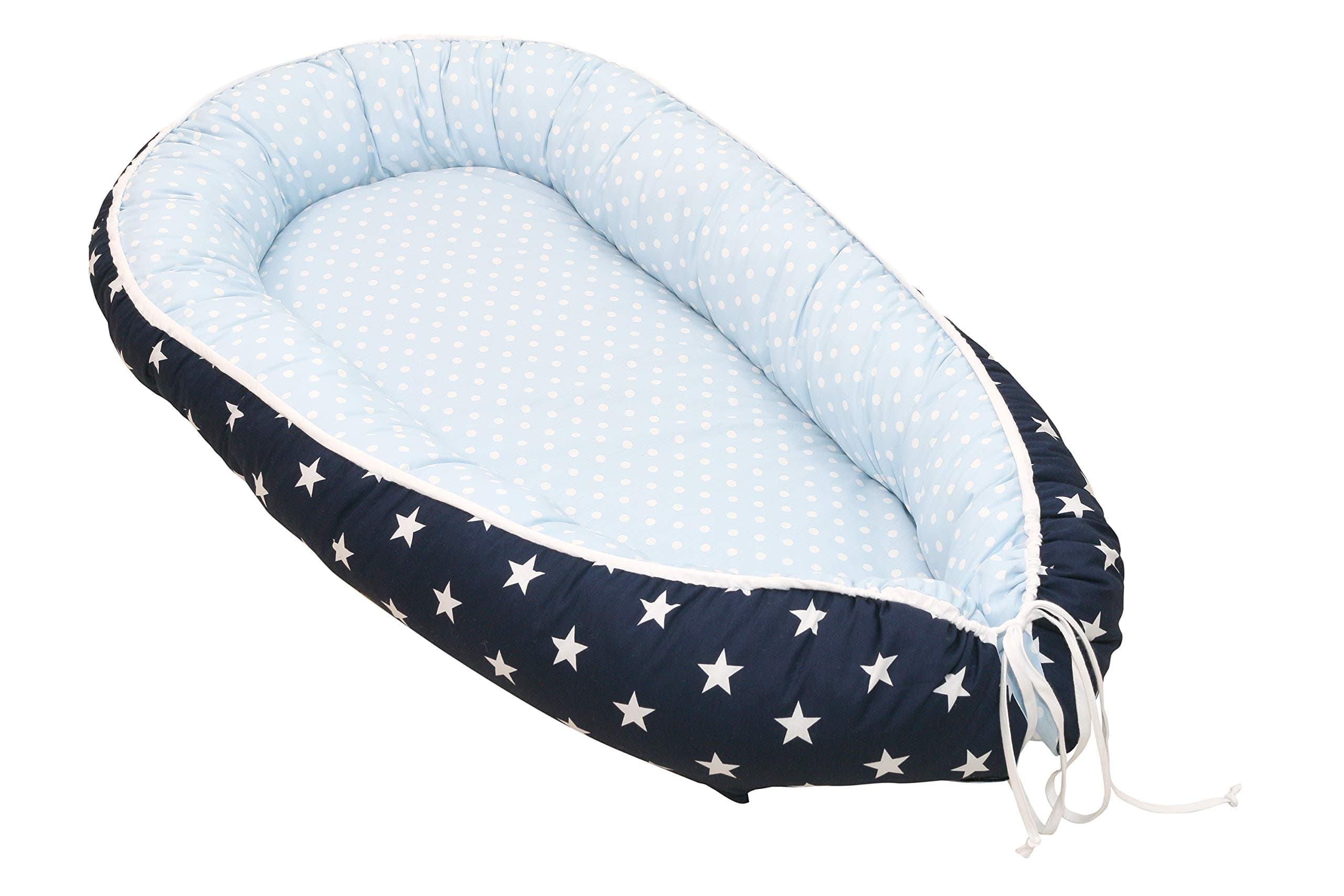 Soft Cotton Baby Lounger by ULLENBOOM - Stars/Polka Dots - Newborn Snuggle Nest - 22” x 37” - Boys Blue/Grey