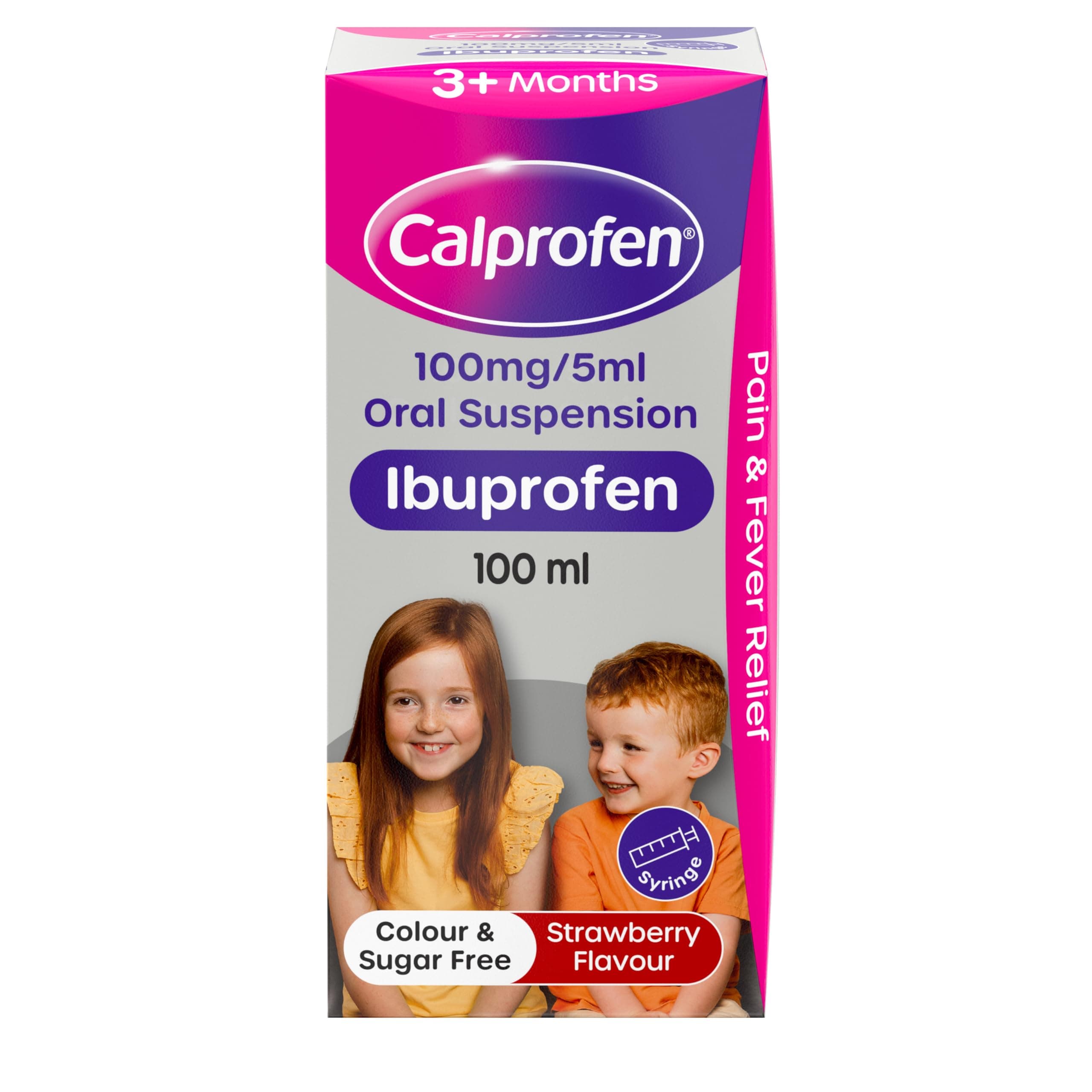 Oral Suspension Ibuprofen (1 x 100 ml) Sugar-Free Strawberry Flavour Painkiller with Ibuprofen for Fever & Pain Relief, Suitable for 3+ Months Babies & Kids