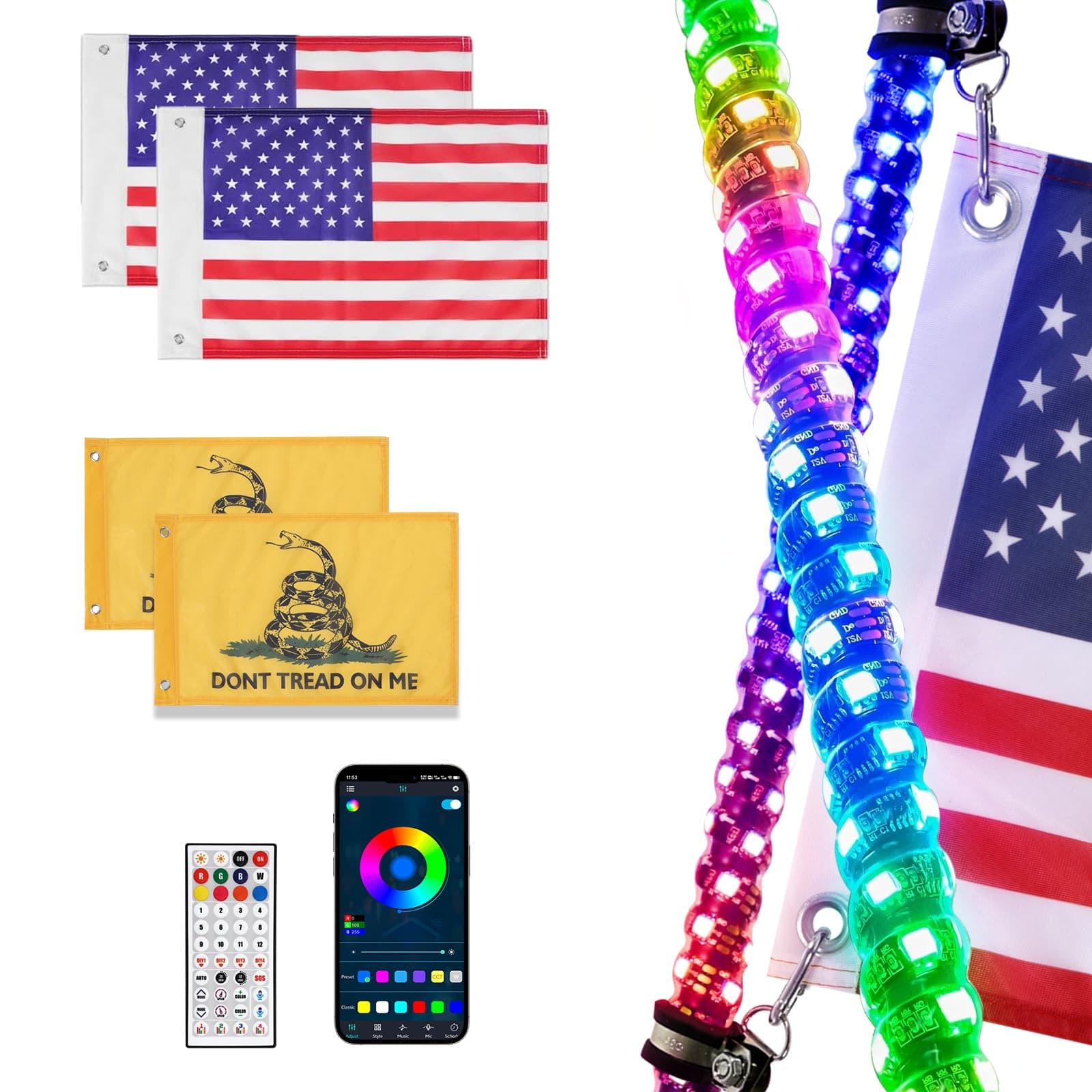 2PCS 4FT Spiral LED Whip Lights 366 Lighting Modes with Bluetooth and Remote Control Weatherproof Chasing RGB Whip Light for UTV ATV Jeep Truck RZR SxS Can-Am Polaris Off-Road