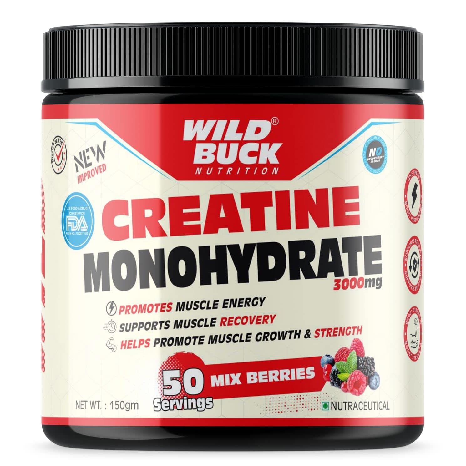 WILD BUCK Creatine Monohydrate Powder,Strength,Reduce Fatigue,100% Pure Creatine,Lean Muscle Building,Supports Muscle Growth,Athletic Performance,Recovery [50 Servings,Mix Berries],1 Count