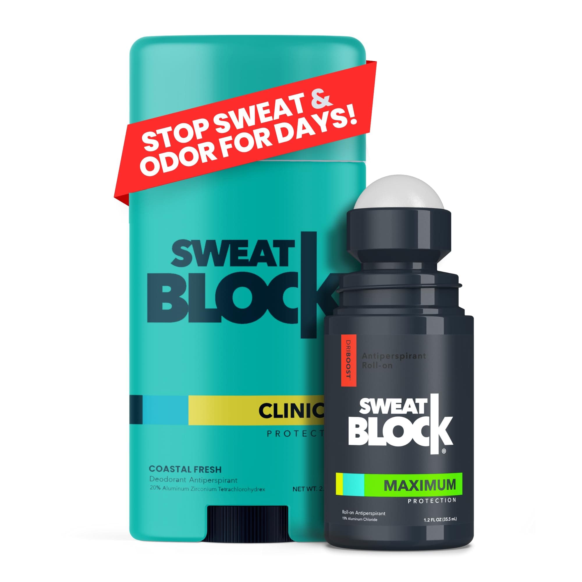 SweatBlock Antiperspirant Deodorant Max Clinical System for Men & Women. Treat Hyperhidrosis - Includes: (1) DRIBOOST [PM] Maximum Strength Antiperspirant Roll-on + (1) [AM] Clinical Deodorant