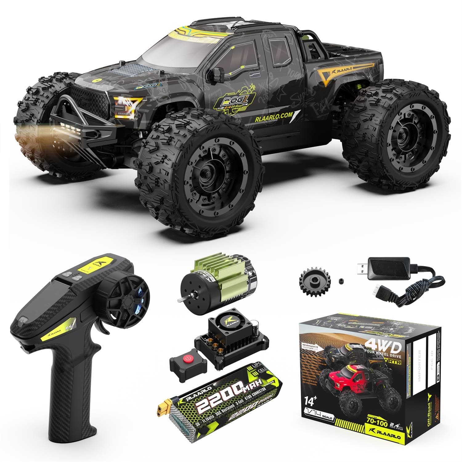 RLAARLO 1/14 Brushless Fast RC Cars for Adults, Top Speed 60+ MPH RC Truck, All Terrain Remote Control Car Hobby Off-Road Remote Control Truck 4x4 Monster Trucks with 3S Battery