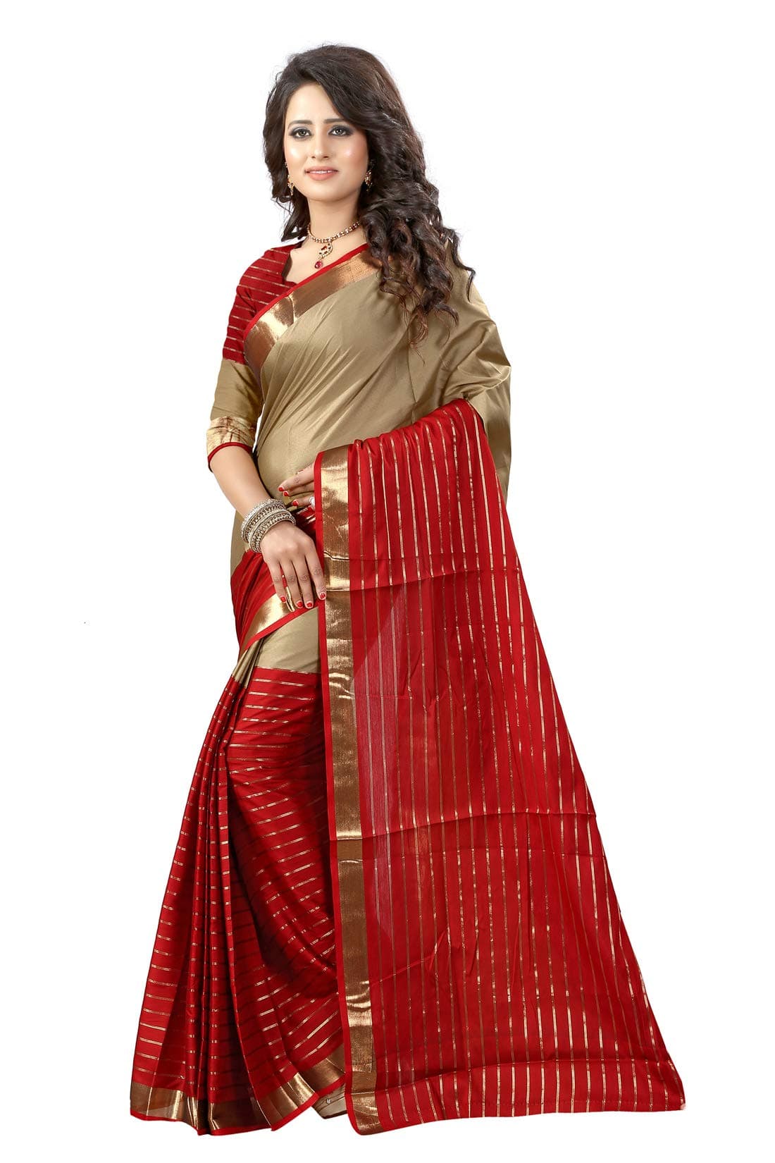Shree Sanskruti Women's Banarasi Cotton Saree with Blouse Piece (DJ Chikku Marooon_Beige and Maroon_FS_Beige, Maroon)