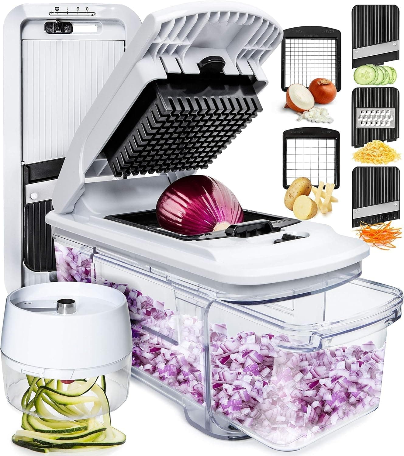Fullstar All-in-1 Vegetable Chopper, Mandoline Slicer & Cheese Grater - French Fry Cutter & Veggie Dicer - Cheese Slicer - Includes Bonus Handheld Spiralizer (6 in 1, Black/White)