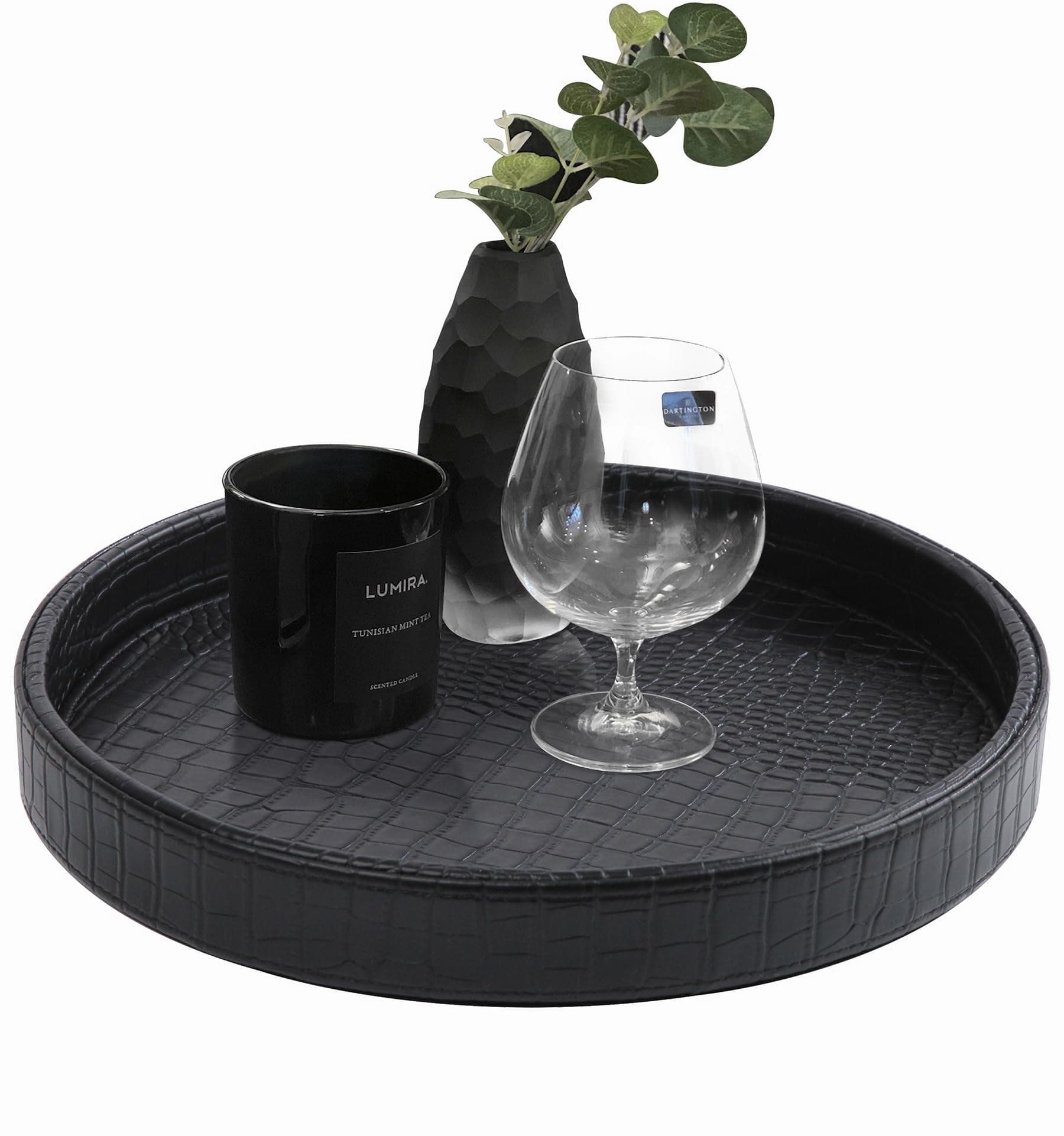 Faux Leather Round Serving Tray, Vegan Croco Leather Decorative Tray, Food Tray for Storage Drinks, Snack & Cosmetics, Dia.12'' x 1.6'' (Black)