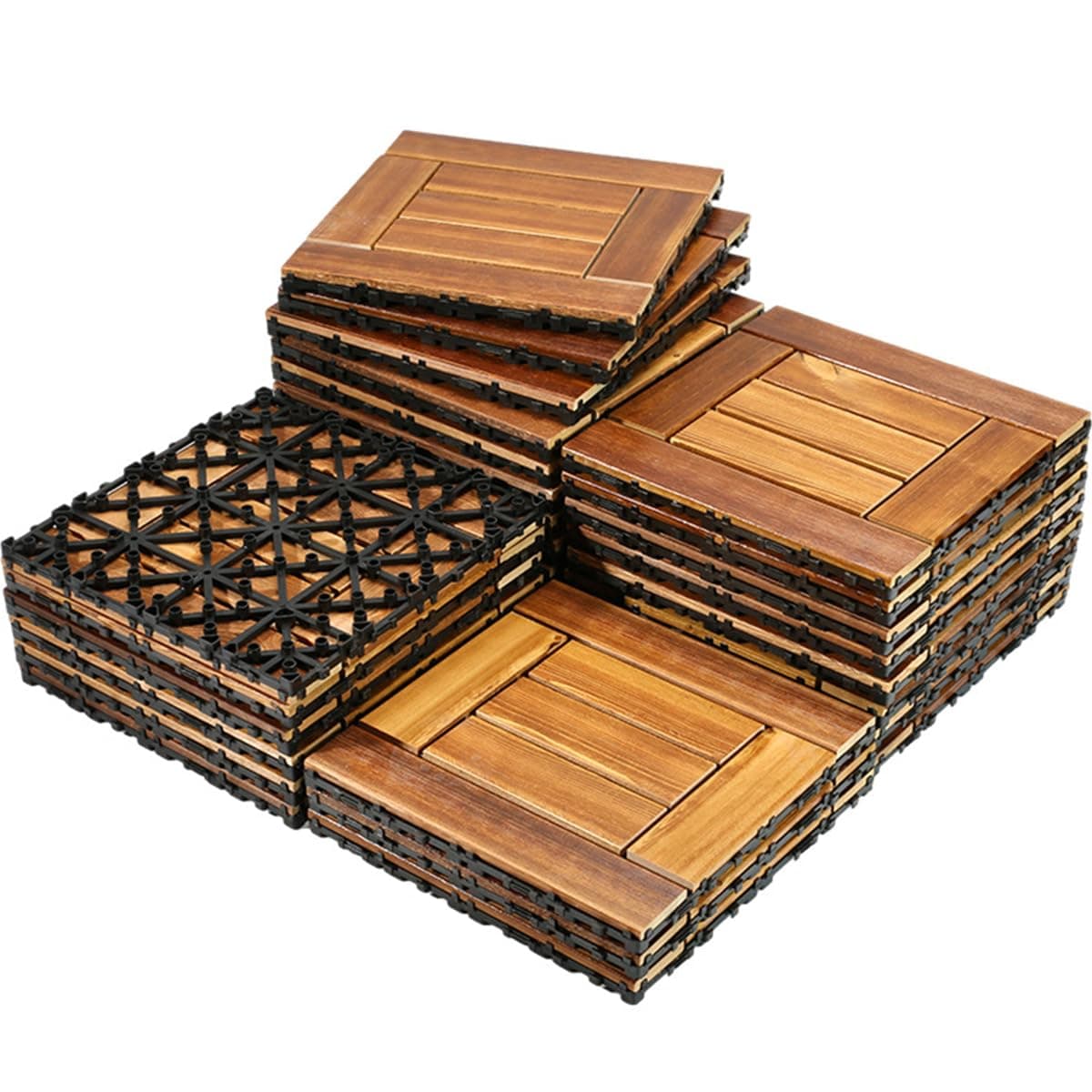 Gluckluz Wooden Decking Tiles Interlocking Floor Tiles Waterproof Hardwood Deck Tiles with Snap & Plastic Base for Home Office Outdoor Patio Garden Balcony Backyard Porch Yard Swimming Pool (10 Pack)