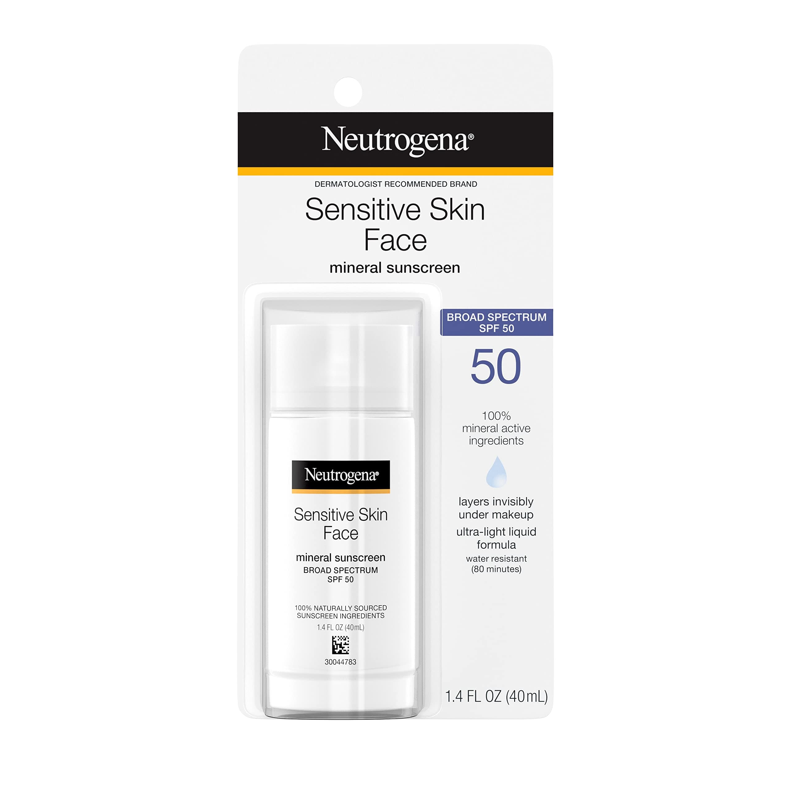 Neutrogena Sensitive Skin Face Liquid Mineral Sunscreen with Broad Spectrum SPF 50, Lightweight Sunscreen with Zinc Oxide, Hypoallergenic, Fragrance-Free, Non-Comedogenic, 1.4 fl. oz