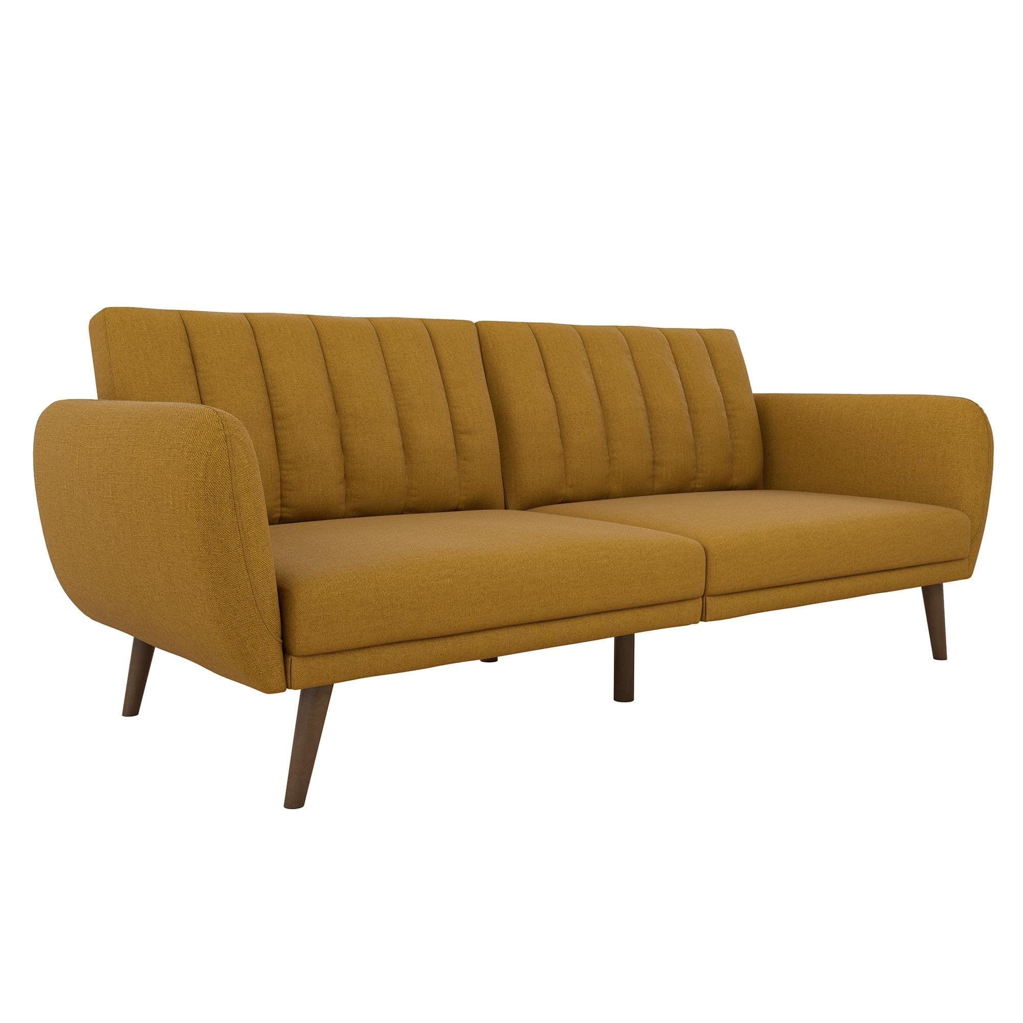 Novogratz 82 Inch Futon Sofa Bed in Faux Leather, Upholstered Couch Sleeper with Tufted Back, Mid-Century Modern Design, Mustard