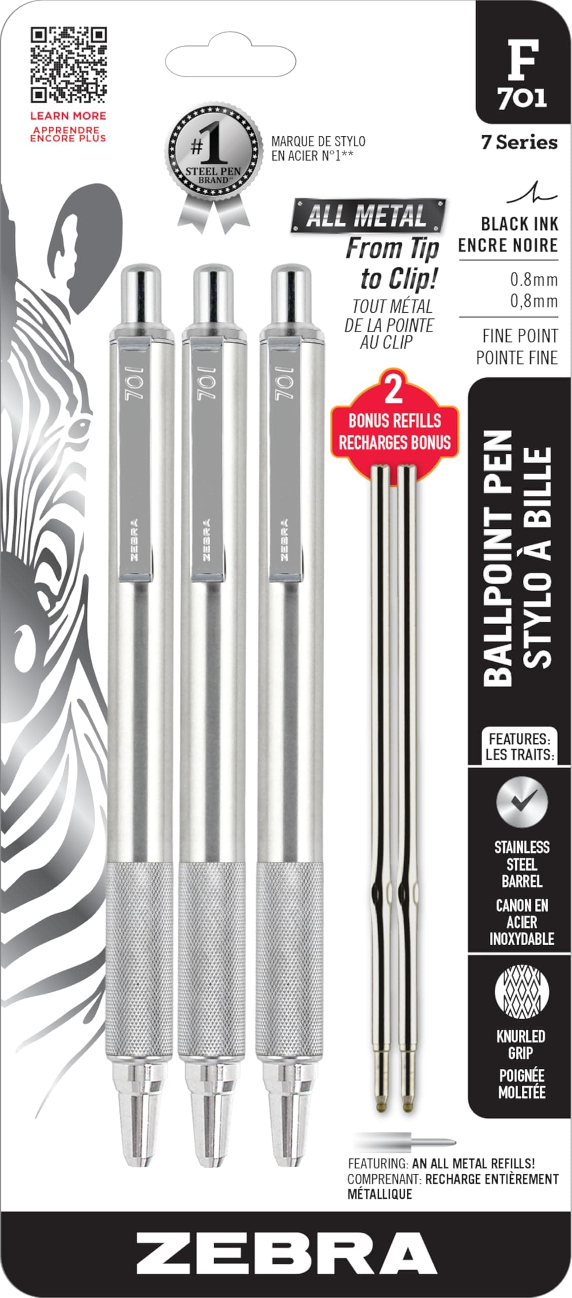F-701 Ballpoint Black Ink Fine Point 0.8mm Pen, Heavy Duty, Durable Stainless Steel Barrel, Knurled Grip, Silent Retractable Plunger, Ideal for Tactical Use, 3-Pack Plus 2 Refills (29412)