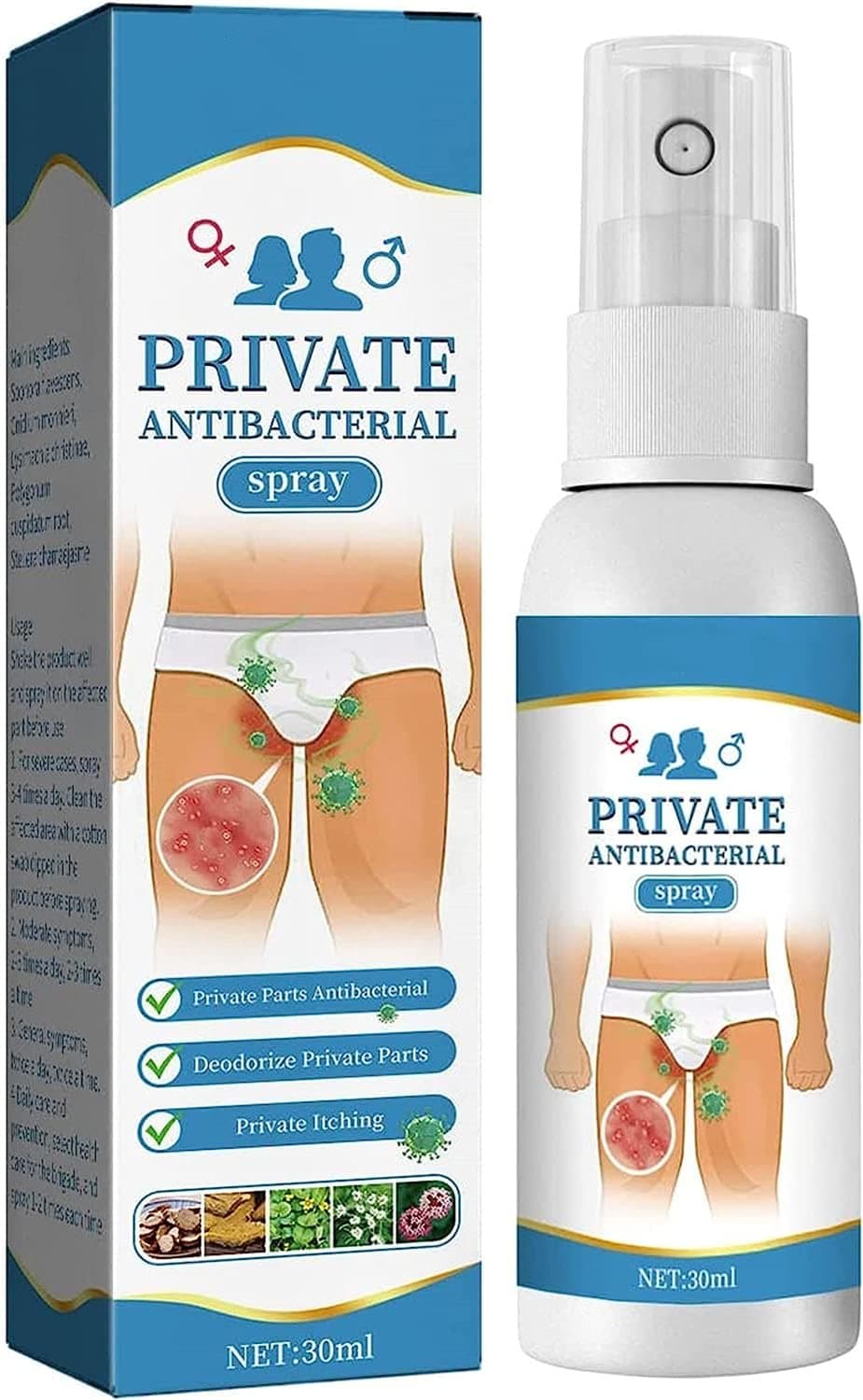 Private Parts Antibacterial Spray,Intimate Hygiene Spray,Anti-Bacterial Spray for The Intimate Area,Body Anti-Itching Bacteriostatic for Men Women (1 Pcs)