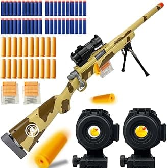 M24 Foam Blaster, Shell Ejecting, Safety Switch, Adjustable Stock 41.8 Inch, Scope, 40 Darts, 20 Casings, 2 Mags, Tactical Game Gear for Teens 14+ years Adults(Camouflage Yellow)