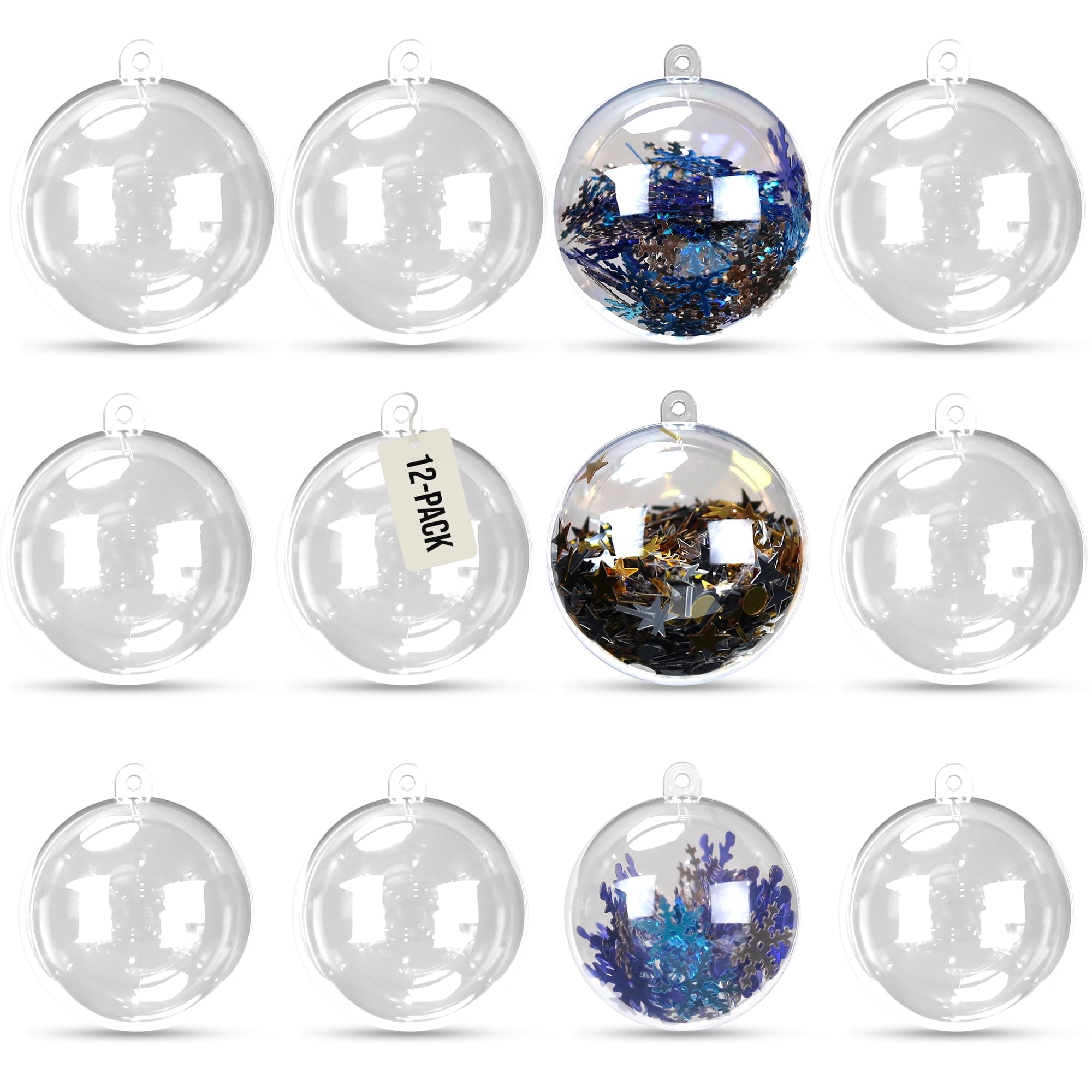 Iconikal 12-Pack Fillable Clear Plastic Ball Ornaments, 2.75-Inch (7cm) for DIY Crafts, Christmas & Holiday Decor