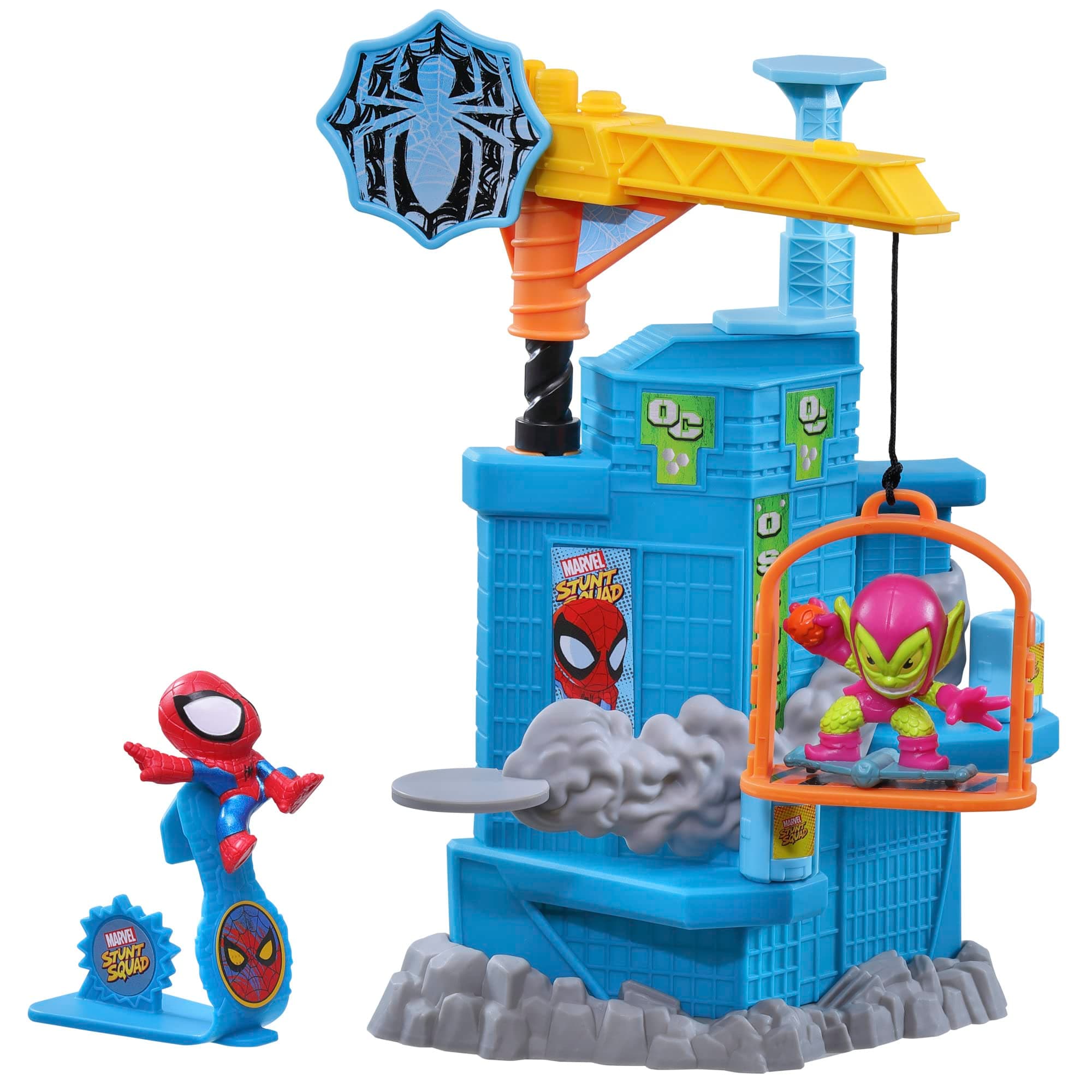 Stunt Squad Crane Smash Playset, Spider-Man vs. Green Goblin, 1.5-Inch Super Hero Action Figures, Marvel Toys for Kids Ages 4 and Up