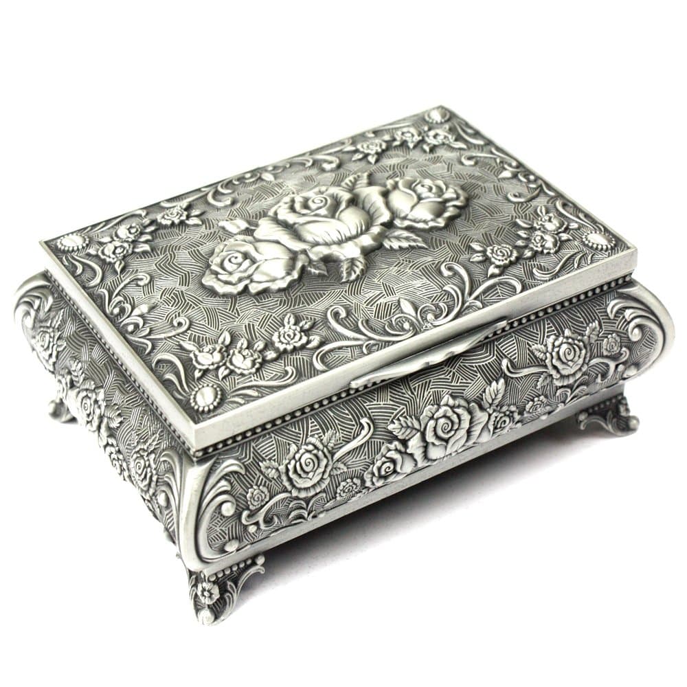 H&S Antique Metal Jewelry Box for Storage – Floral Vintage Organizer for Jewelry, Necklaces & Rings – Silver Trinket Box with Authentic Treasure Chest Design for Women - Vintage Chest