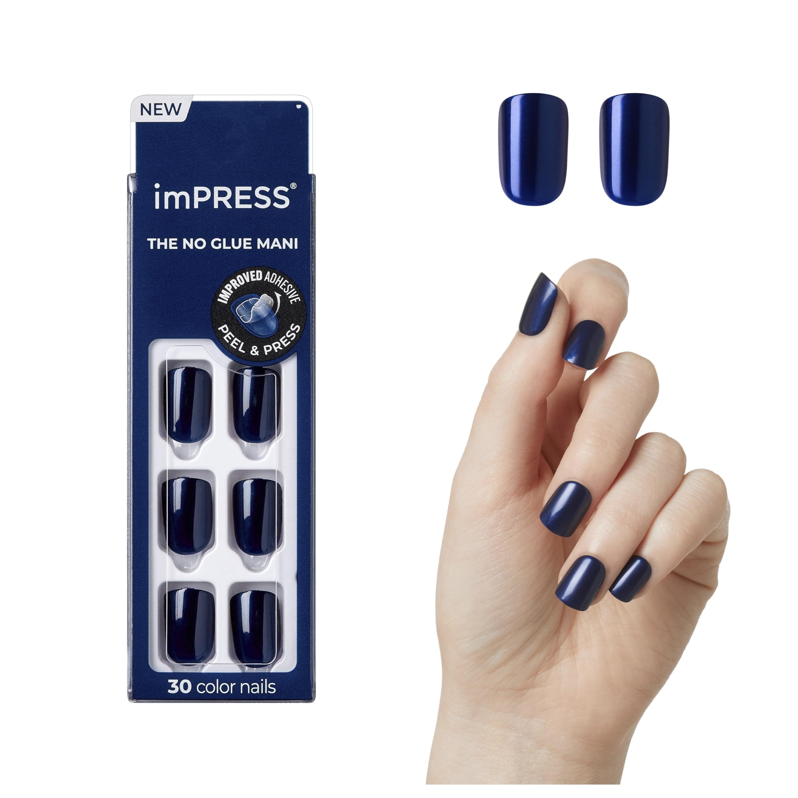 KISS Color Press-On Nails, Nail Kit, PureFit Technology, Short Length, “Never Too Navy”, Polish-Free Solid Color Manicure, Includes Prep Pad, Mini Nail File, Cuticle Stick, and 30 Fake Nails