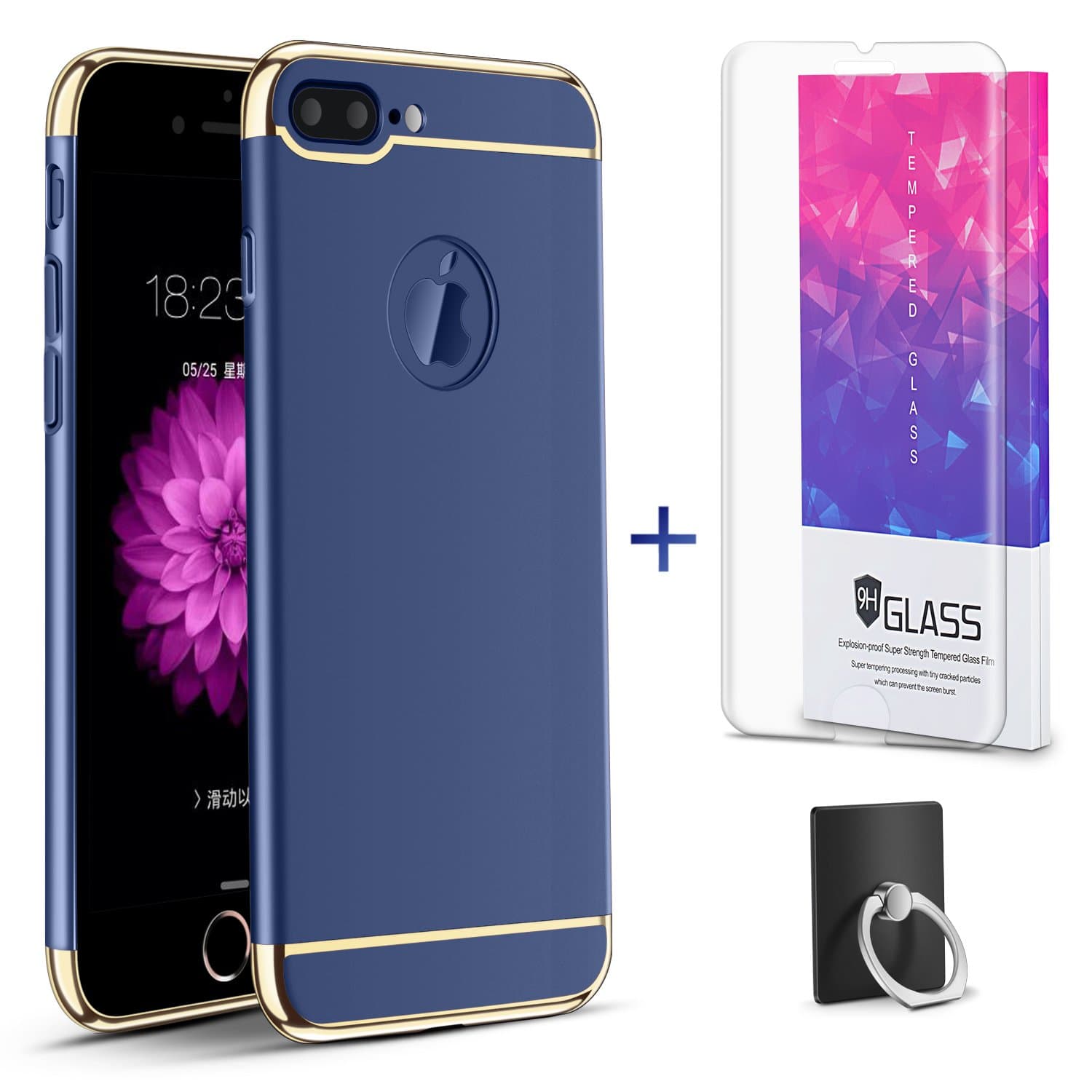 3 in 1 Full Protective Phone Case with Electroplate Frame For iPhone 7 Plus (with one Tempered Glass Screen Protector)-Navy Blue