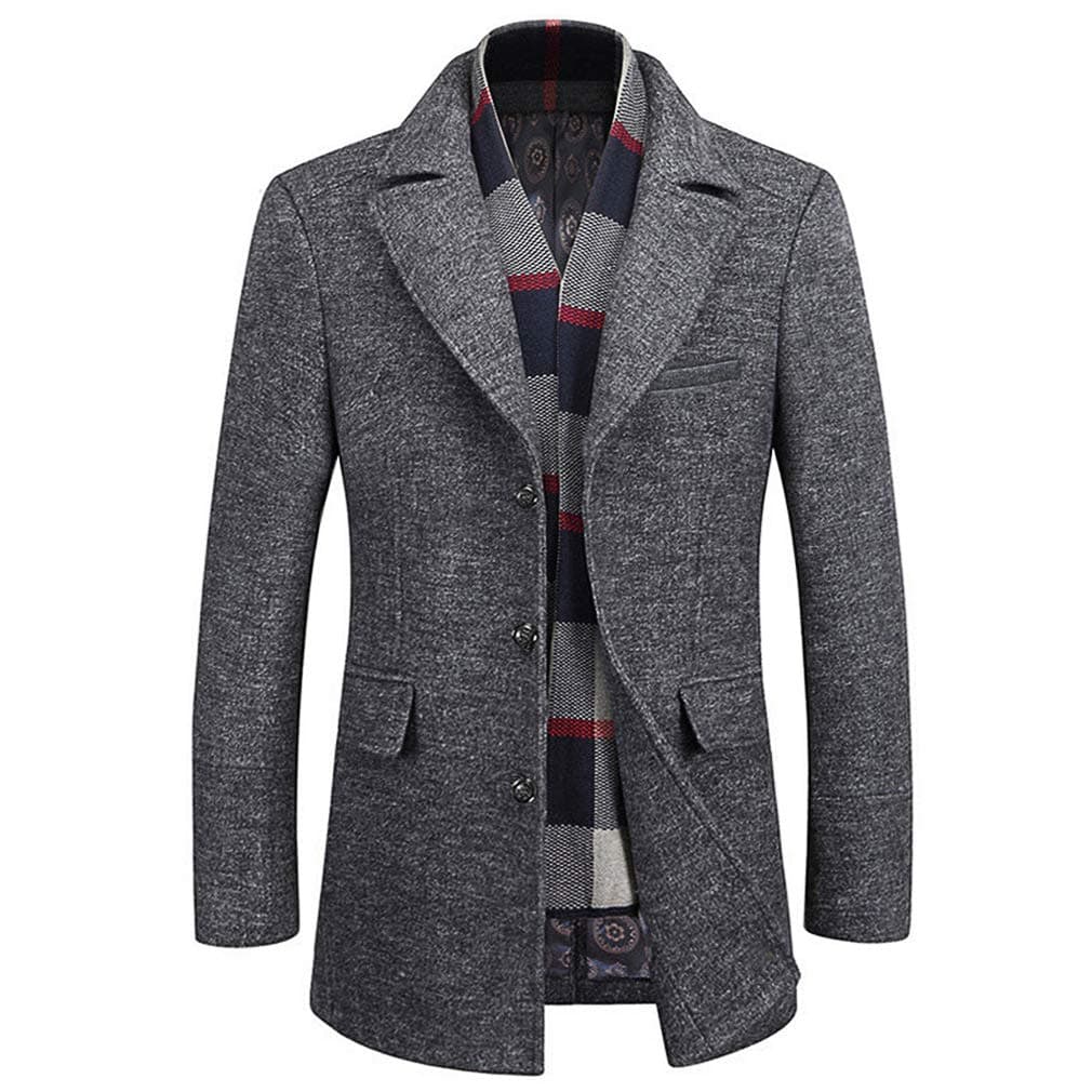 Men’s Wool Blend Winter Coat Slim Fit Short Trenchcoat Warm Business Jacket with Detachable Soft Wool Scarf