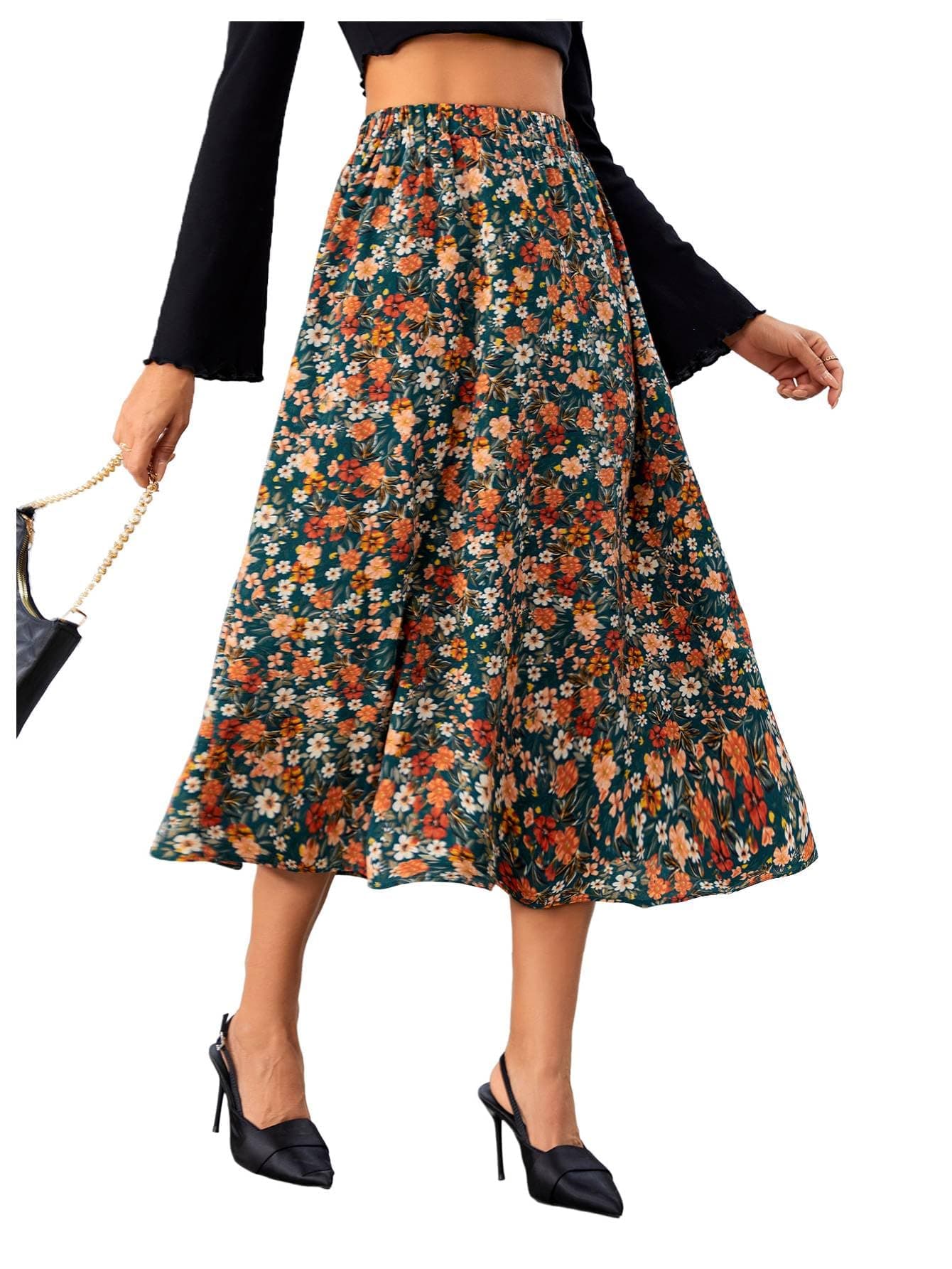 Women's Vintage Printed A Line High Waist Flare Flowy Casual Midi Skirts