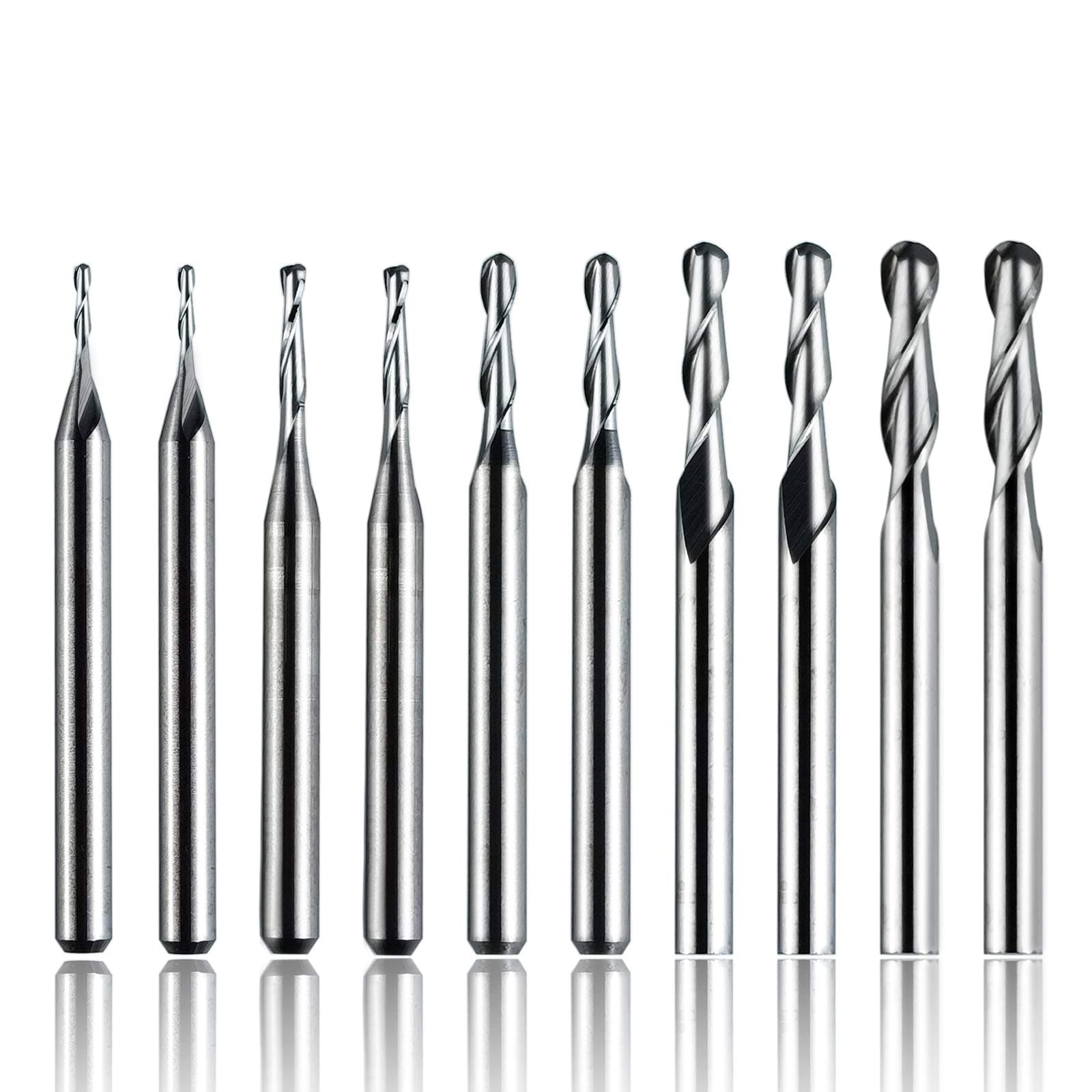 10Pcs 1/8 Inch Inch Shank CNC Router Bits, 2-Flute Spiral Ball Nose End Mill Solid Carbide Milling Cutter| Cutting Diameter 1/1.5/2/2.5/3.175mm