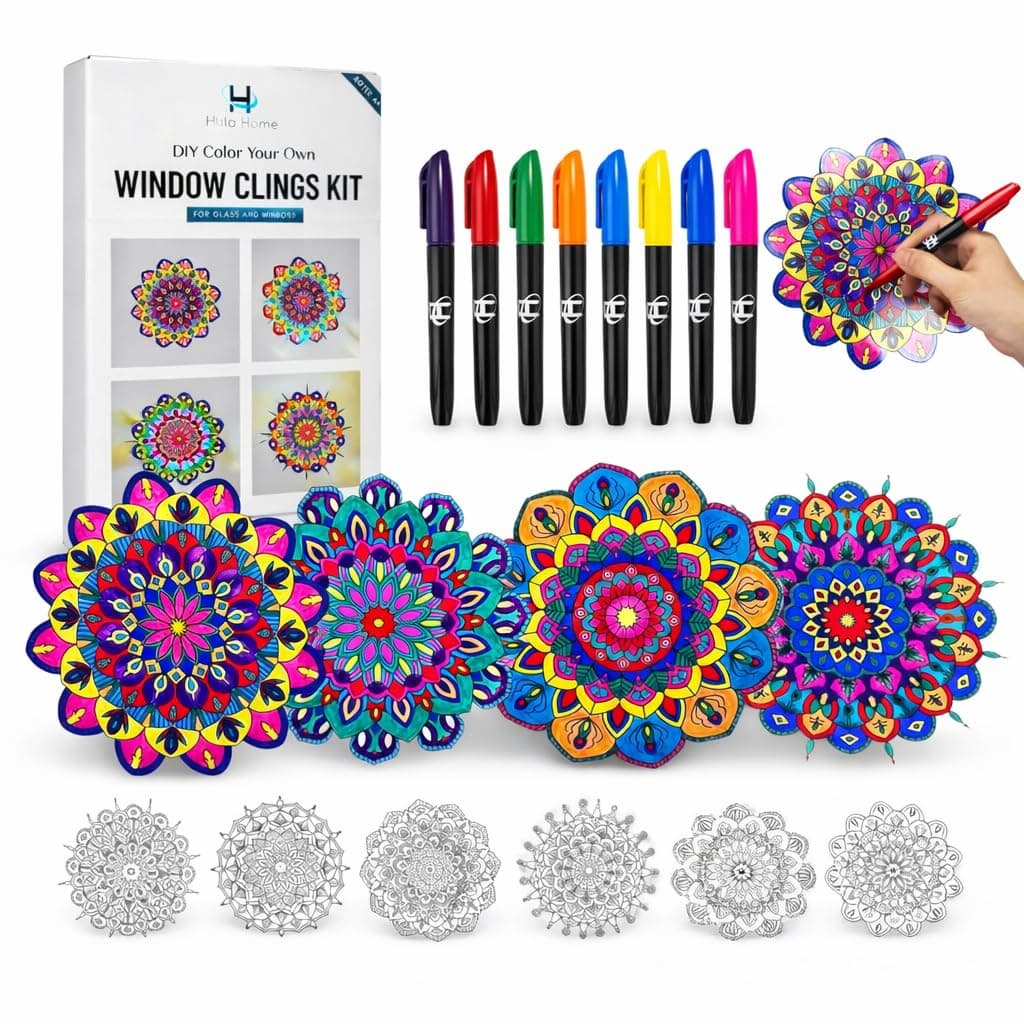 Hula Home Stained Glass Mandala Art Kit - DIY Window Clings with Markers, 10 Suncatchers - Perfect Hobby for Adults, Kids, Teens & Seniors - Ideal Gift for Beginners, Women & Elderly