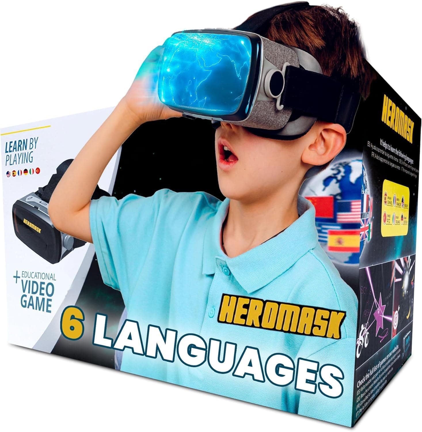 HeroMask VR Headset ＋ Language Games — Gift for Kids 5–12 — 300+ Words, 6 Languages: Spanish, English, Chinese & More | Award-Winning Virtual Reality Educational Toy for Birthday or Christmas
