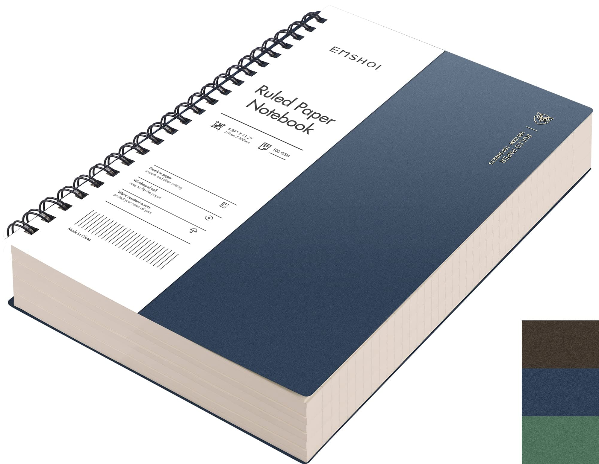 A4 Spiral Notebook College Ruled Lined Journal, 11.2" X 8.27", 300 Pages/150 Sheets, 100gsm Thick Paper, Waterproof Softcover, Twin-Wire Binding, for School Work Business Writing-Blue