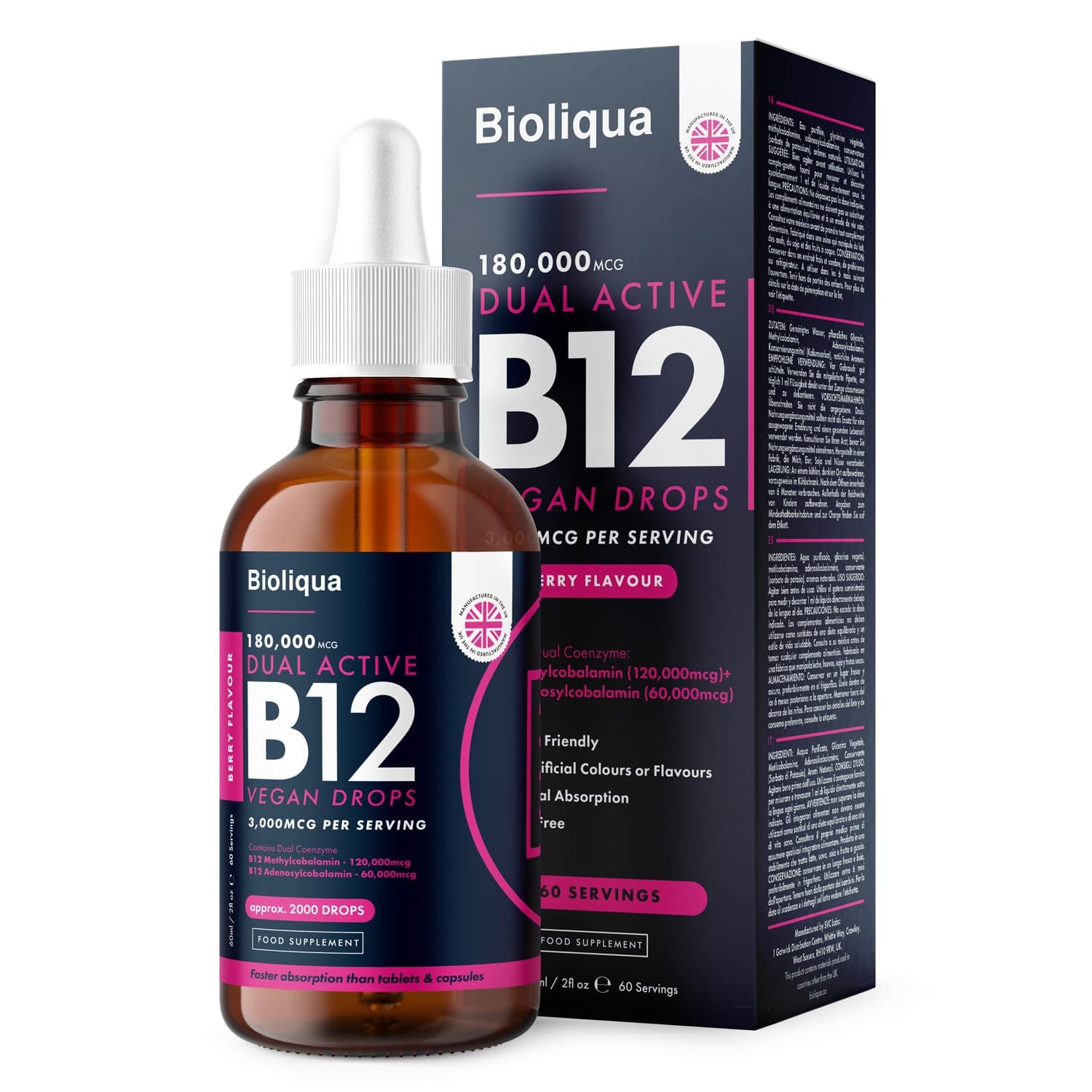 Vitamin B12 Liquid Drops - Vegan - High Strength 3000mcg - 2 Month Supply - 60 Servings - 18,000mcg per 60ml Dropper Bottle - Sublingual & Dual Action for Fast Absorption - Made in The UK by Balance
