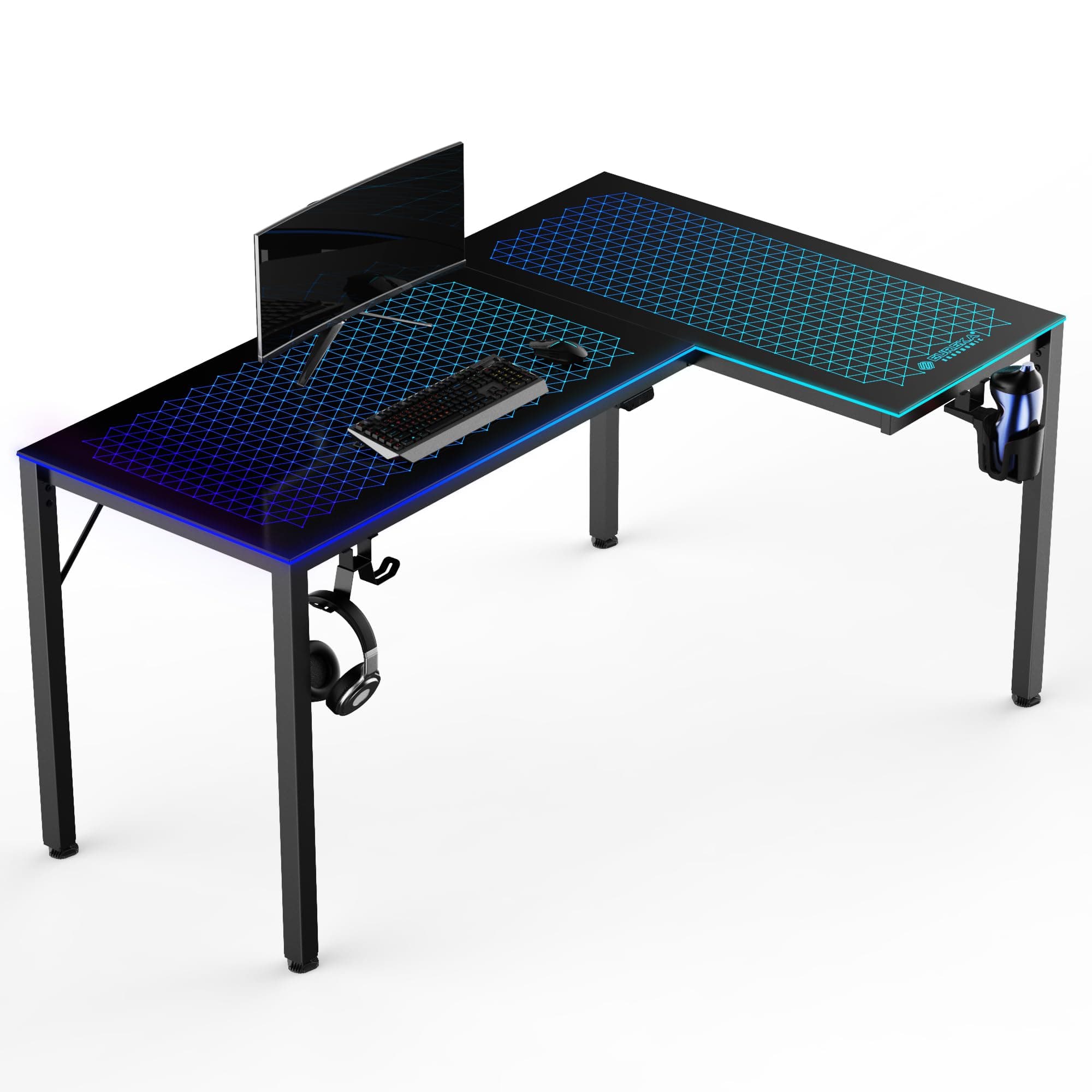 EUREKA ERGONOMICGlass Gaming Table with LED 152 x 102 cm RGB Gaming Corner Desk L Shape Large PC Computer Desk with Music Sync, App Control, Headphone Hook, Drink Holder