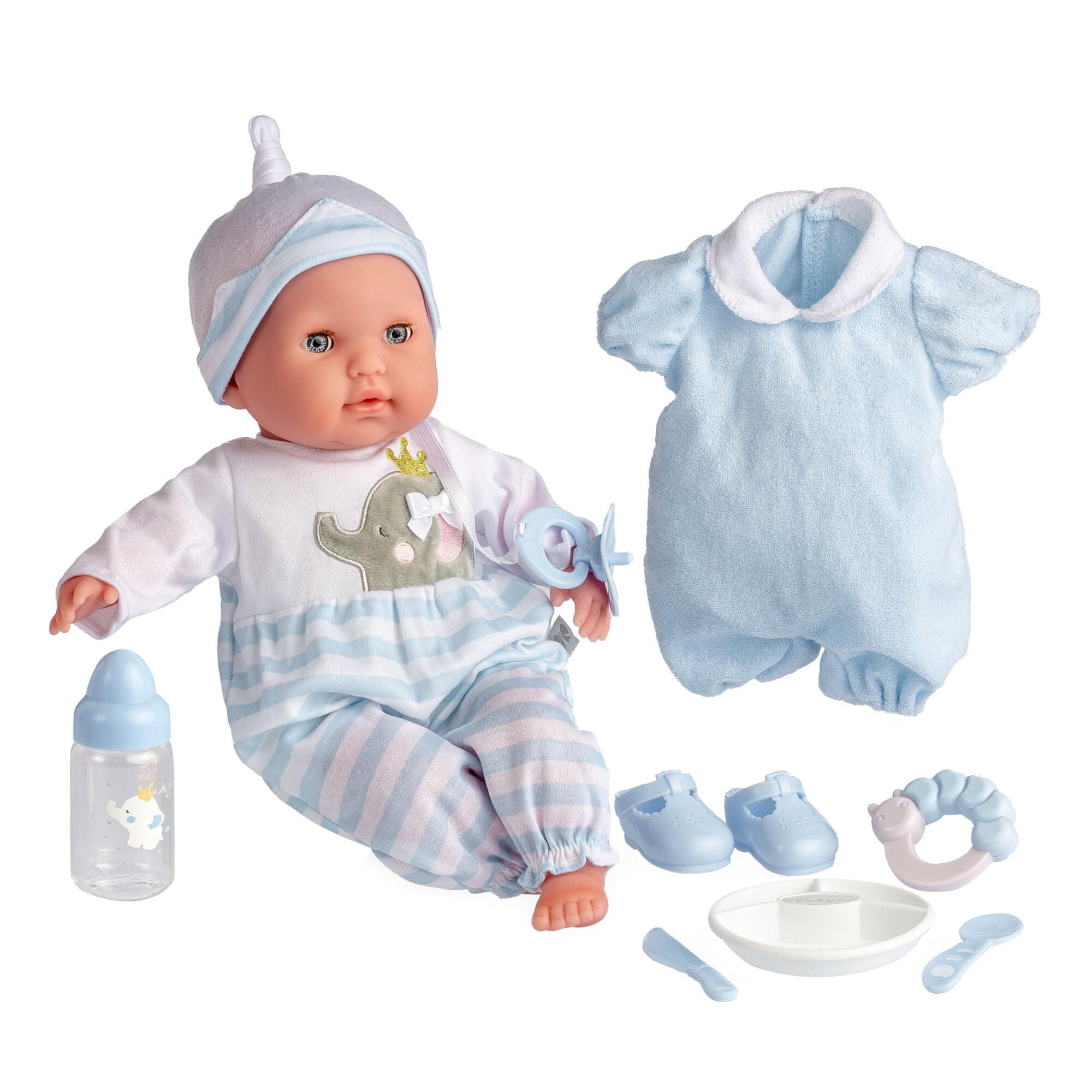 JC Toys 15" Realistic Soft Body Baby Doll with Open/Close Eyes | - Berenguer Boutique | 10 Piece Gift Set with Bottle, Rattle, Pacifier & Accessories | Blue | Ages 2+