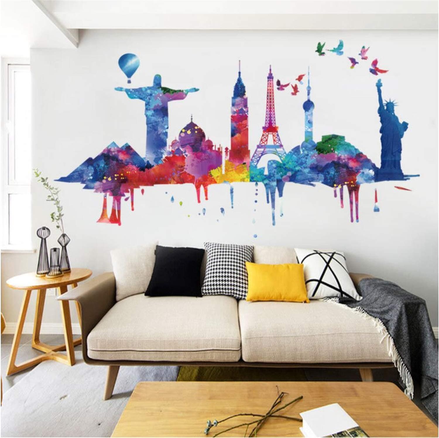 Colorful Cityscape Wall Stickers Watercolor World Buildings Wall Decal Removable Wall Sticker Colorful City Wall Decals DIY Wall Mural for Living Room Sofa (World Buildings)