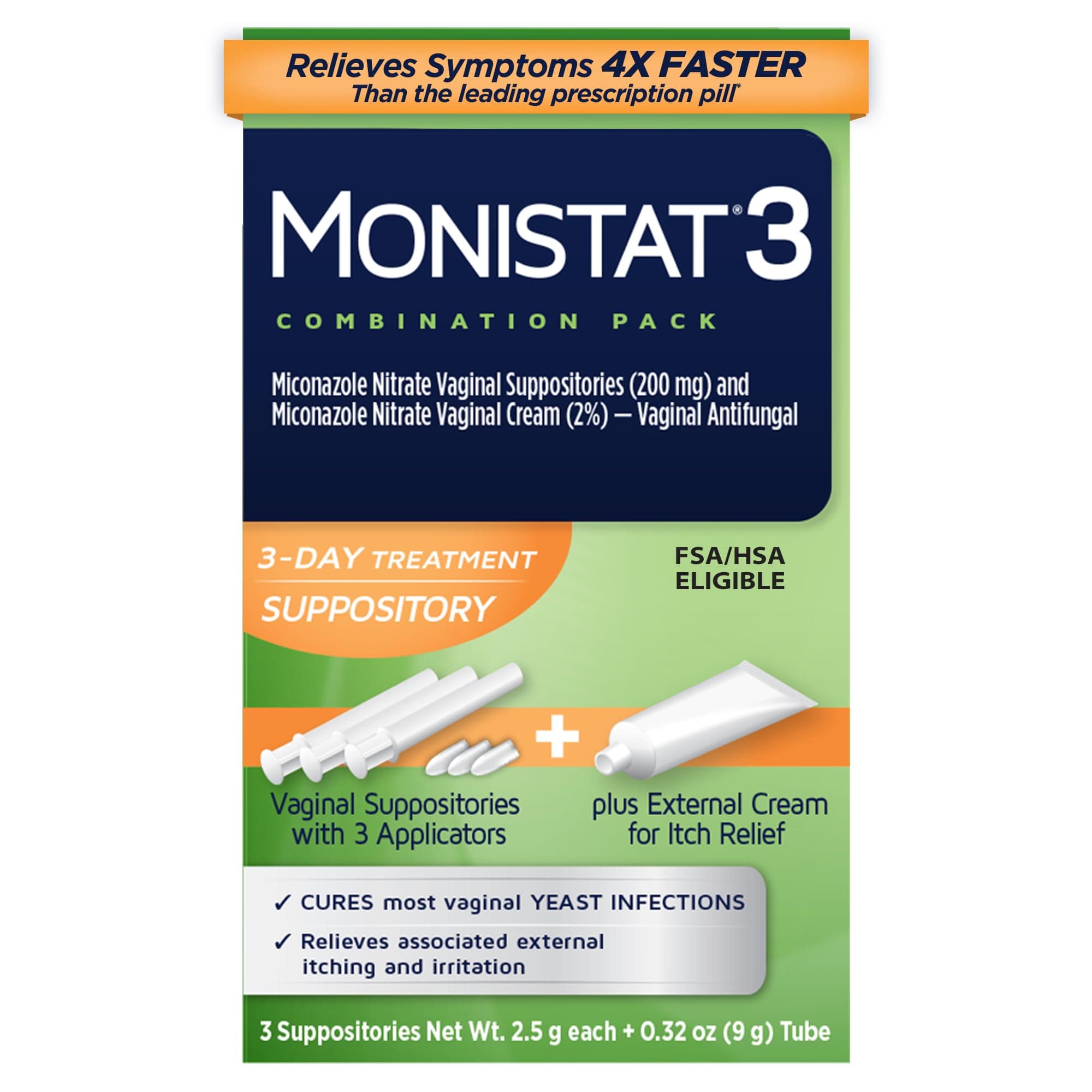 Monistat 3-Day Yeast Infection Treatment Suppositories + Itch Relief Cream, 7 Piece Set