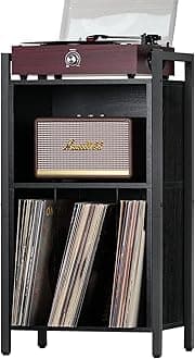 YAHARBO Record Player Stand, 3-Shelf Black Vinyl Record Holder with Storage, Holds Up to 100 Albums, Perfect for Living Room, Bedroom, Office