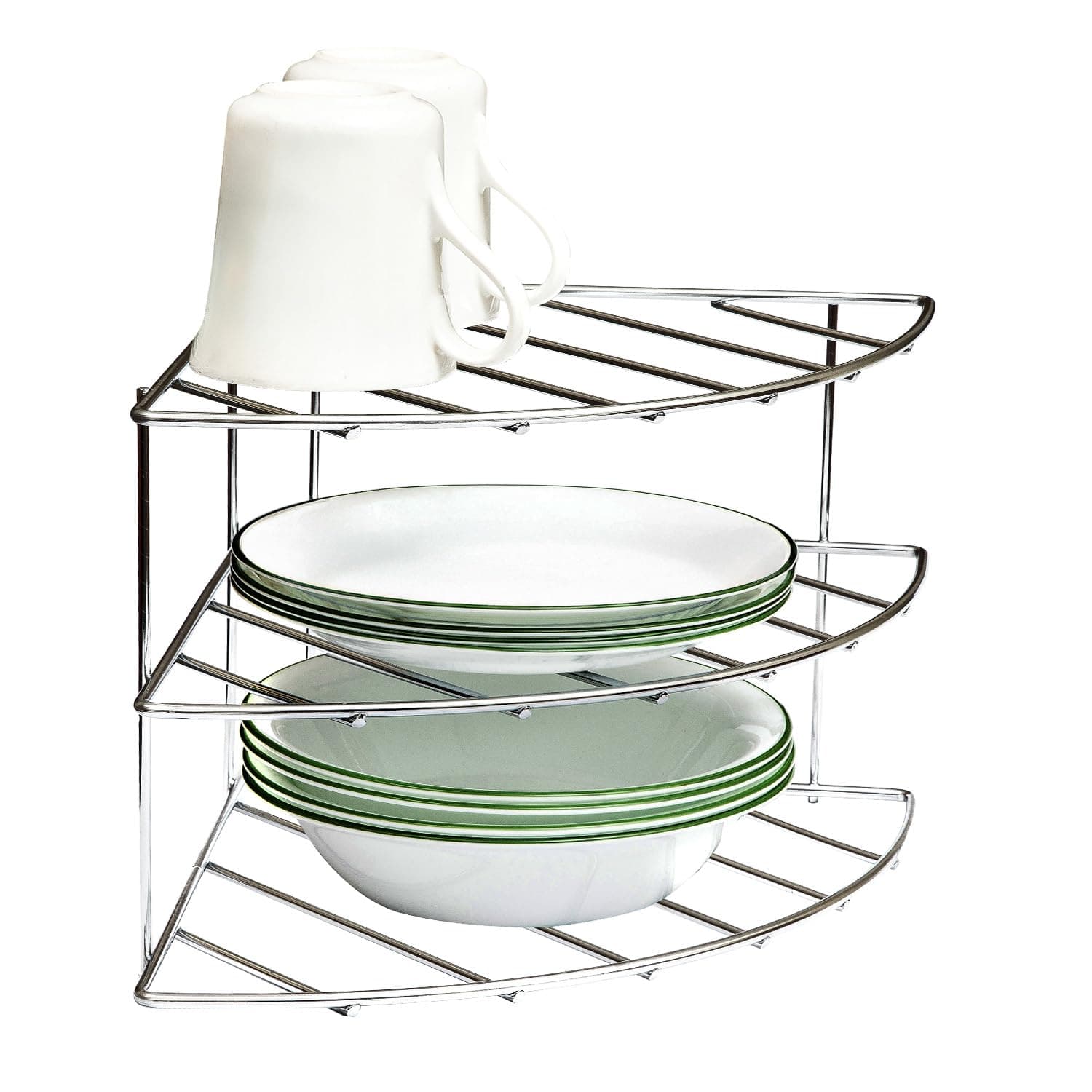 3-Tier Plate Rack Kitchen Cupboard Organiser – Chrome Corner Shelf Plate Organiser for Bowls, Mugs, Pans, Dishes – Metal Dish Rack for Pantry, Countertop, Cabinet and Kitchen Shelf