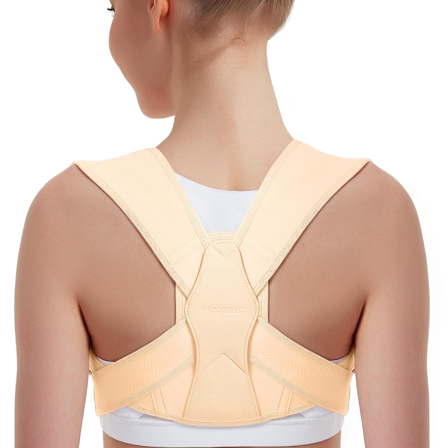 Vicorrect Posture Corrector for Women and Men, Adjustable Upper Back Brace for Clavicle Support and Providing Pain Relief from Neck, Shoulder, and Upper Back (Beige, Small/Medium)