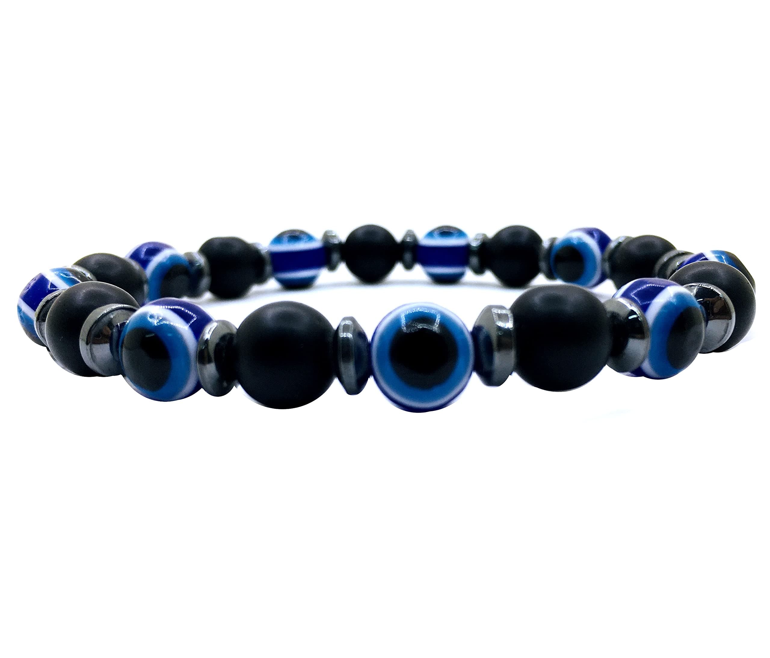 PerlinNatural Stone Bead Bracelet 8 mm Ball Bracelet with Matt Black Onyx, Nazar Boncuk Boese Eye Beads and Hematite Beads Bracelet for Family and Friends, Men and Women