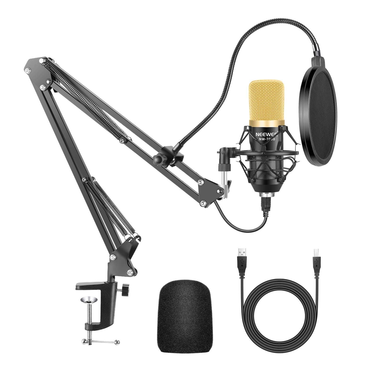 Neewer NW-7000 USB Condenser Microphone Kit for Windows and Mac with Metal Microphone Shock Mount, Ball-type Anti-wind Foam Cap, USB Audio Cable for Professional Studio Broadcasting & Recording(Black)