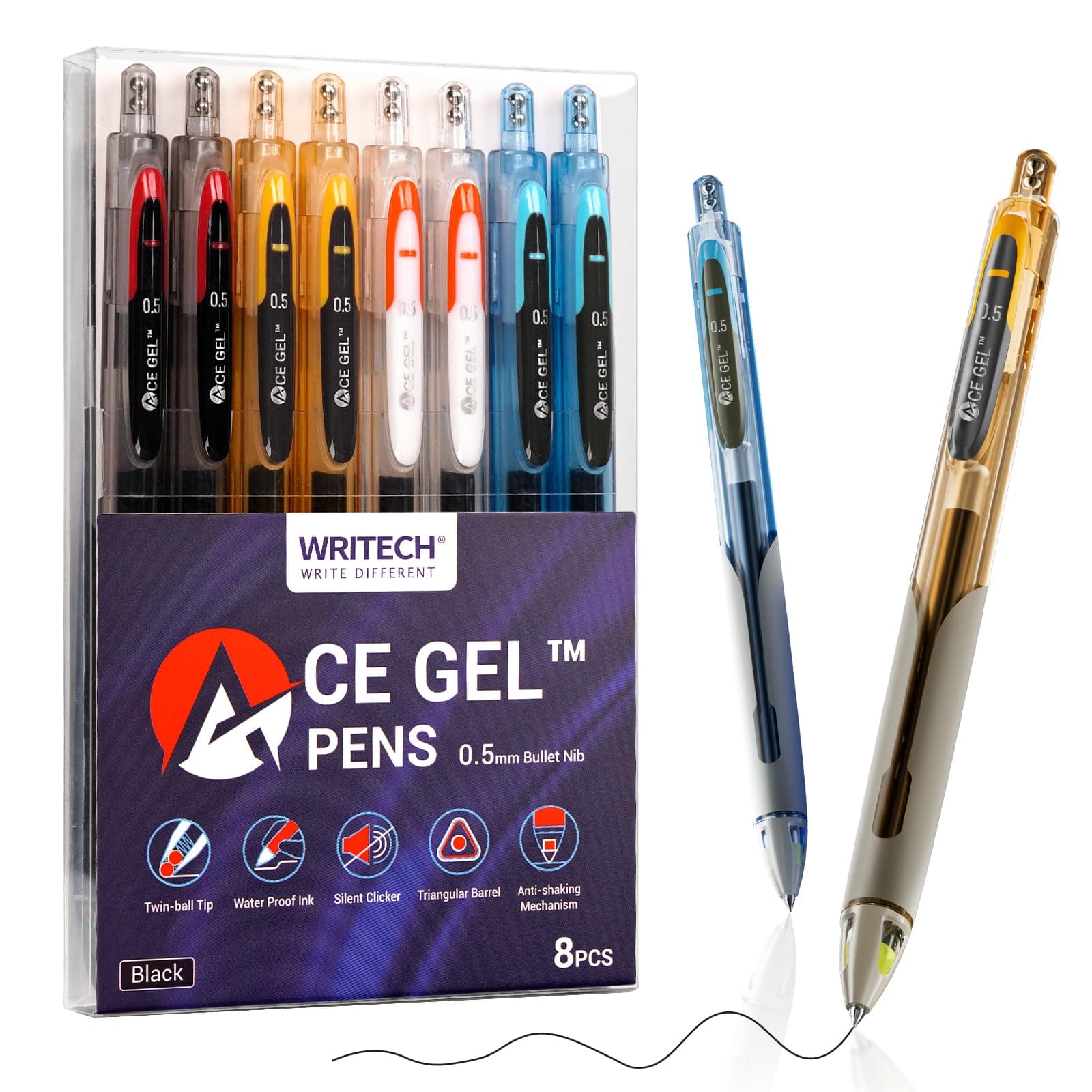 WRITECH Fine Point Gel Pens: 0.5mm Fine Point Black Ink 8ct Big Volume Silent Click Pen Soft Grip Quick Dry Smooth Writing Note Taking No Bleed & Smear ACE Gel School Supplies