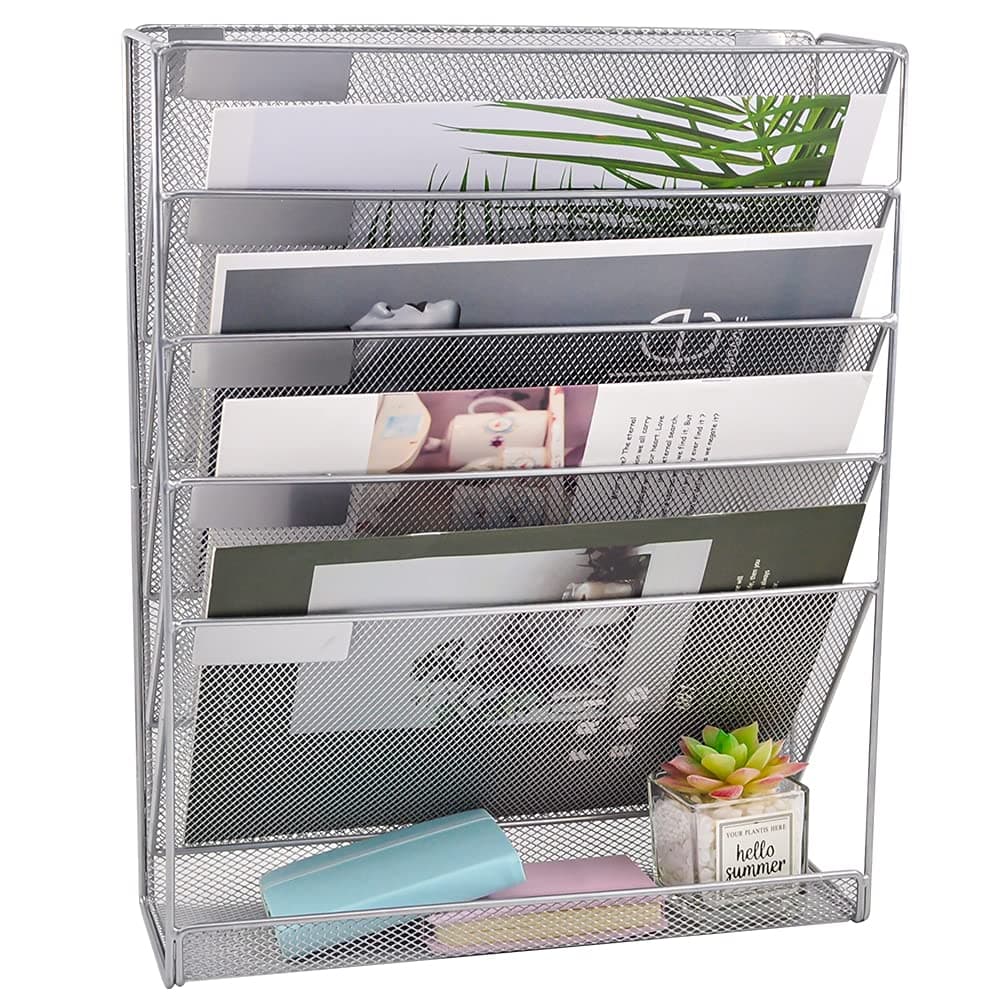 EASEPRES Desk File Organizer Mesh 6-Tier, Hanging Wall Mount Document Organization Stand, Desktop Vertical Mail Paper Folder Holder Rack with Bottom Tray for Office Home Cubicle Countertop, Silver