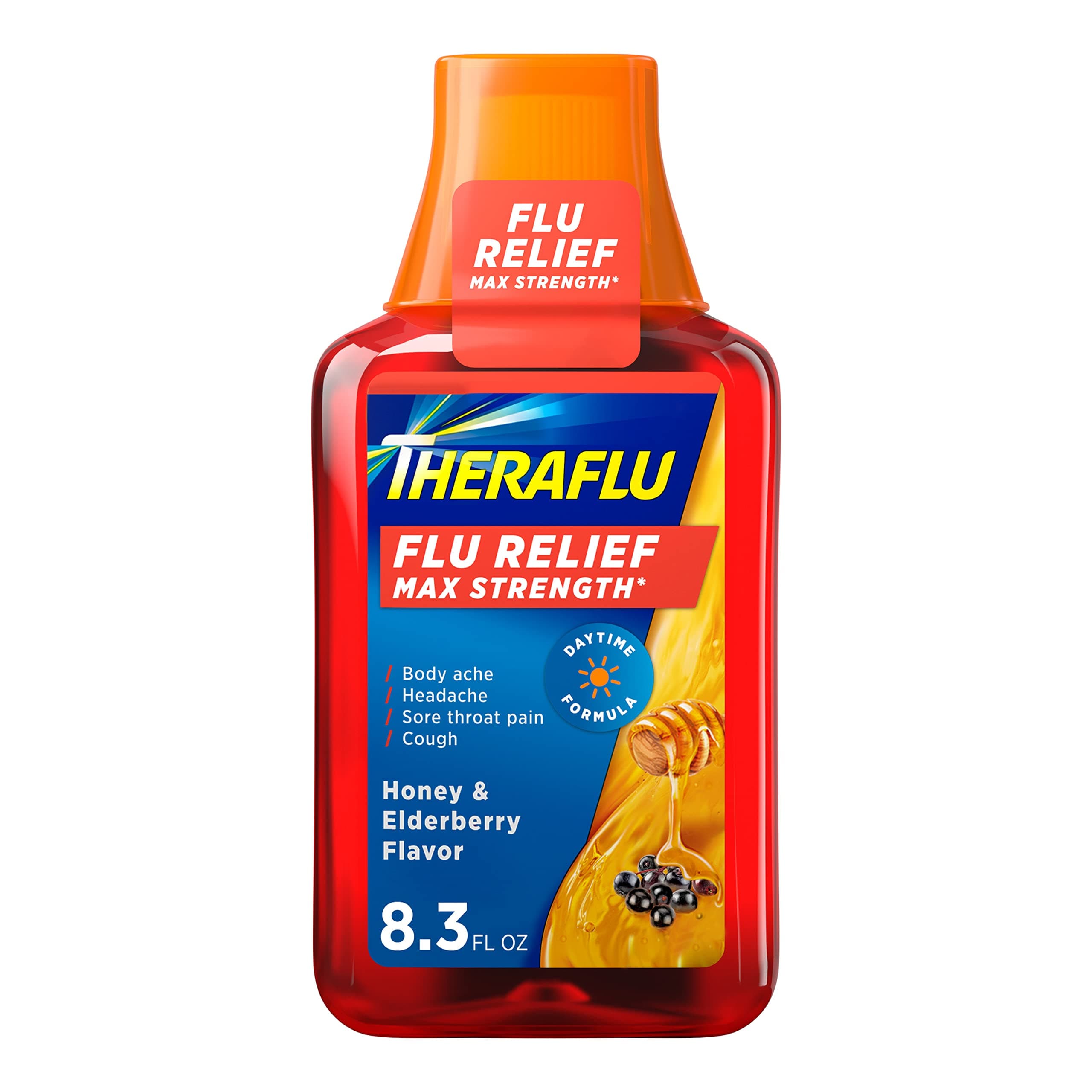 Max Strength Daytime Flu Medicine For Flu Symptom Relief With Acetaminophen And Dextromethorphan HBr, Honey And Elderberry Flavored - 8.3 Fl Oz Syrup