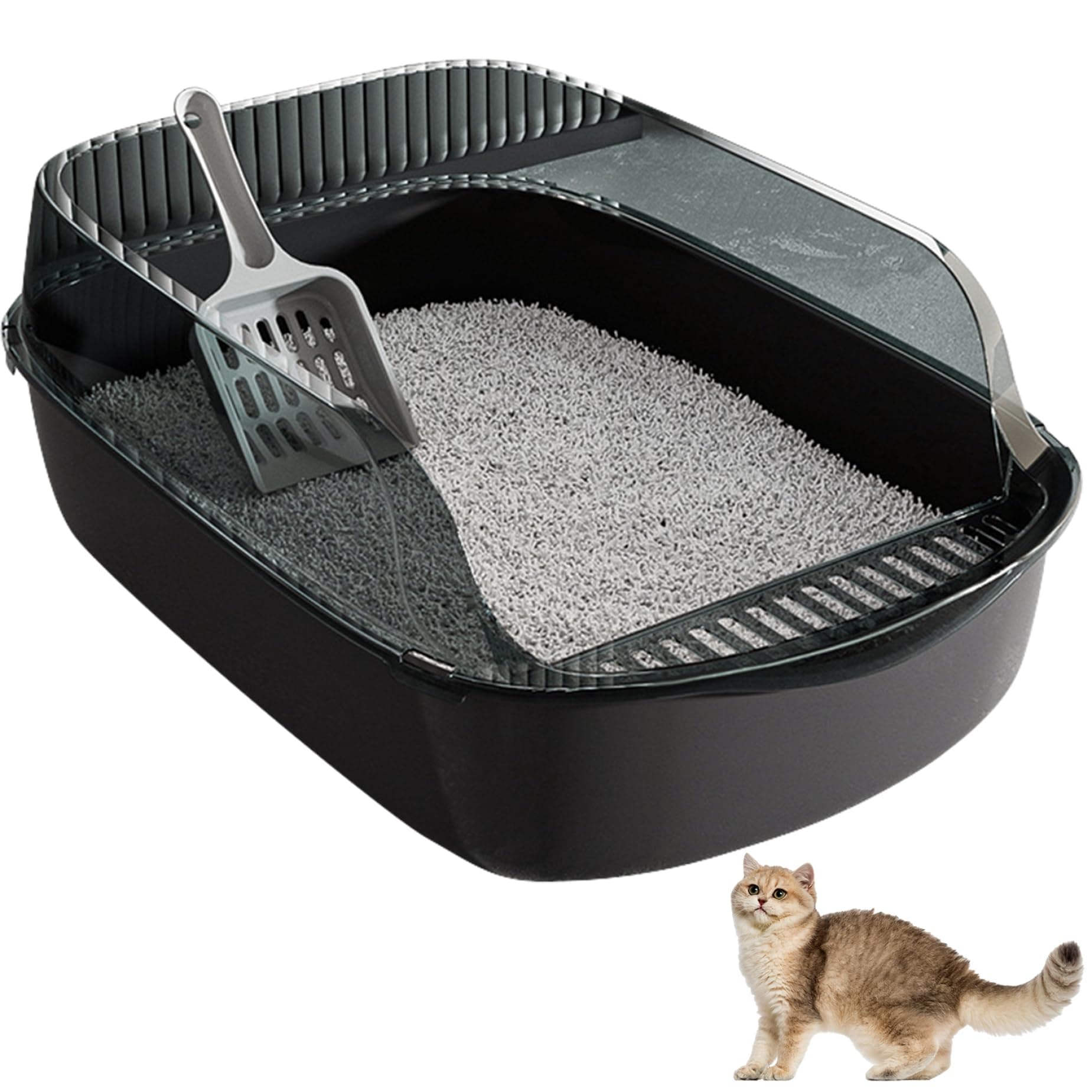 Cat Litter Trays, 12L Cat Litter Box with Scoop & Anti Splash Fence, Semi-Closed Cat Toilet, Double Layer Stain Resistant Cat Litter Tray for Cats