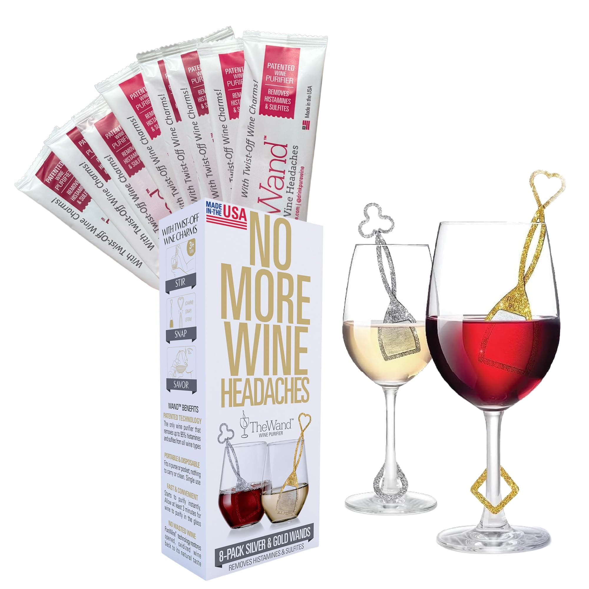 PureWine To Your Health Wand Purifier Removes Histamines and Sulfites - Reduces Wine Allergies & Eliminates Headaches, Aerates Restoring Taste & Purity - Silver & Gold - Pack of 8