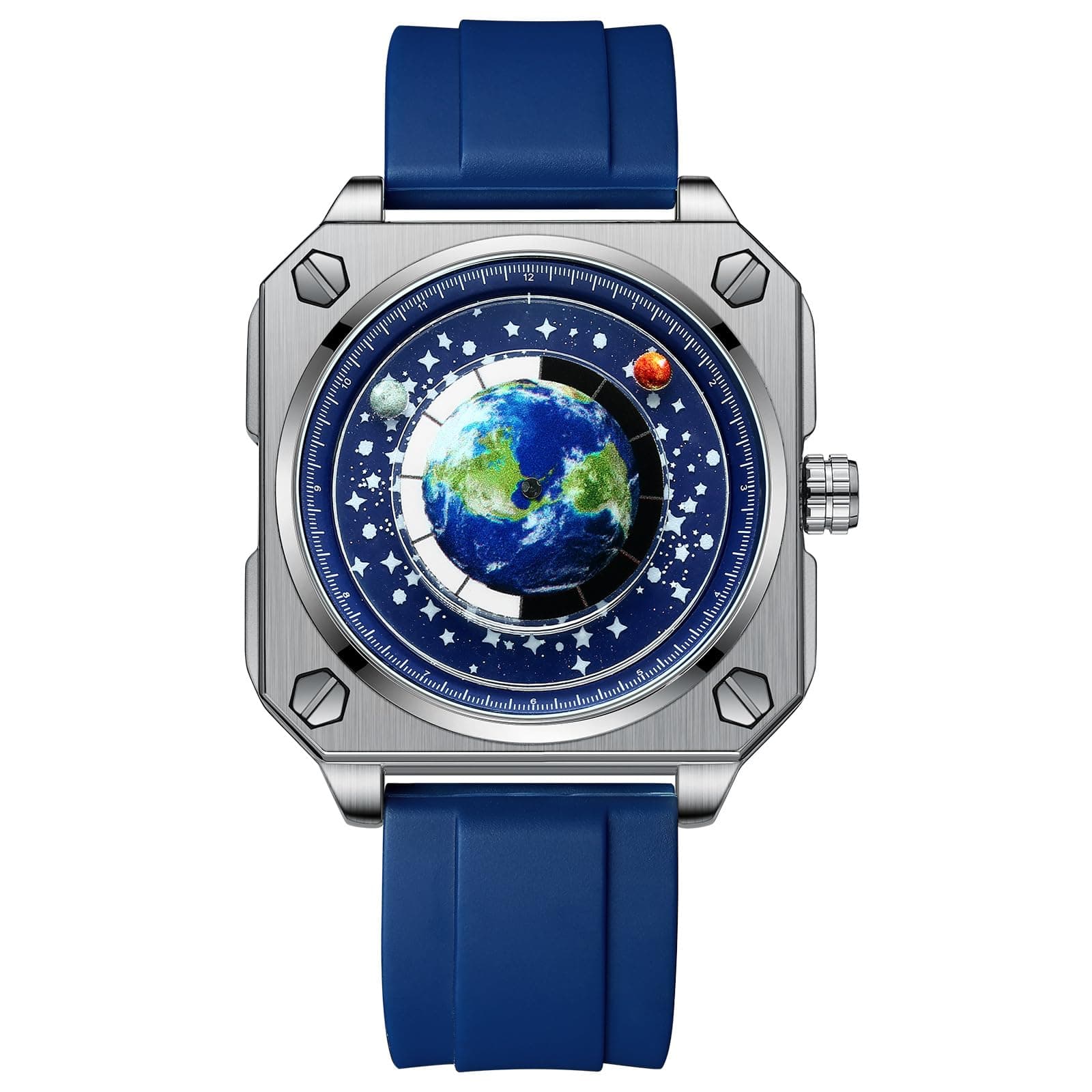 MINILUJIA 30M Waterproof Men World Map Watches Creative Wristwatch with Earth Globe Moon Sun Rotating Eye catching Cool Unique Square Dial Mens Watches with Watch Box