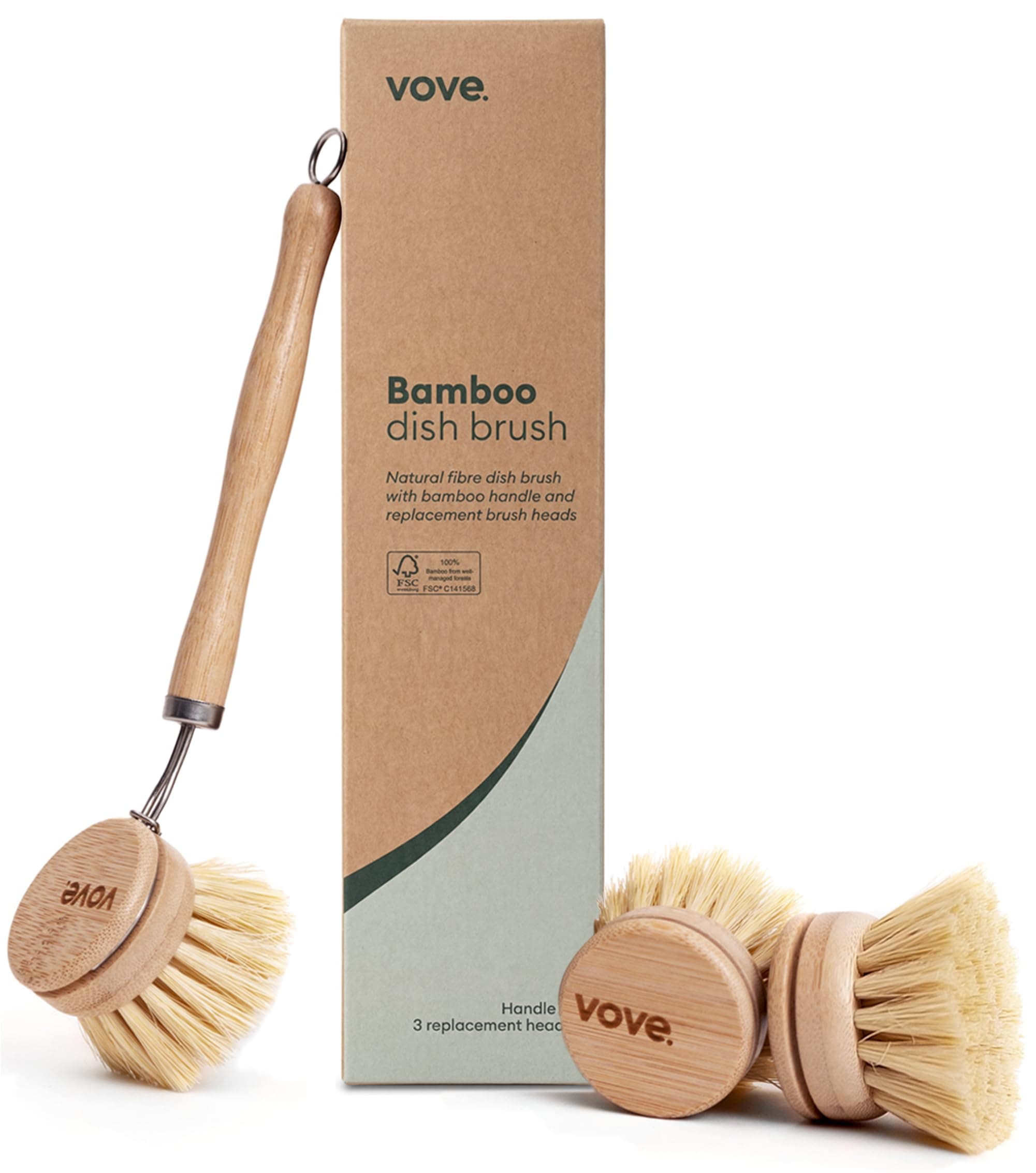 Vove | Bamboo Dish Brush | Long Lasting Brush with 3 Replacement Heads | Natural Bristle | Eco-Friendly | Wooden Dish Brush for Washing and Cleaning Pot Pan Dish Bowl |