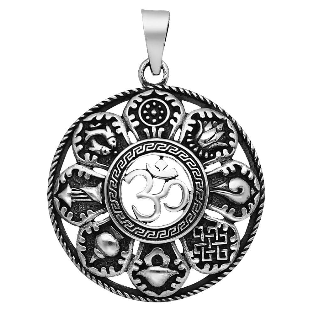 Om pendant Buddha with 8 symbols 925 sterling silver necklace pendant for ladies (30 mm)