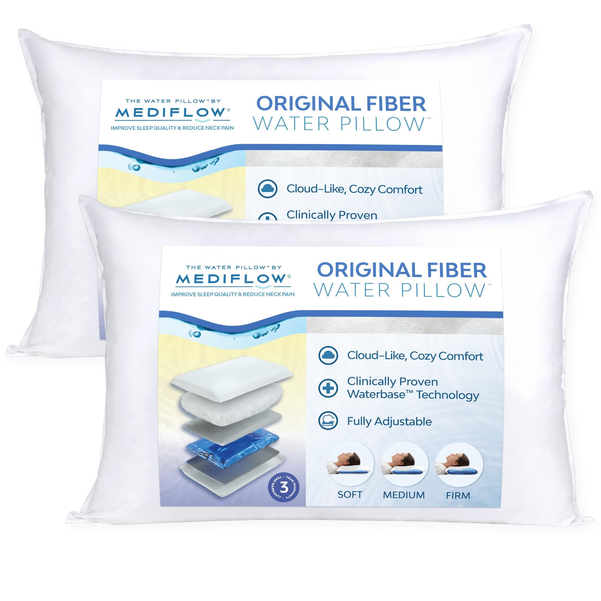 Mediflow Original Fiber Water Pillow - Twin Pack, Polyester, Bed Pillow, Neck Pain Relief, Multi Position Sleeper
