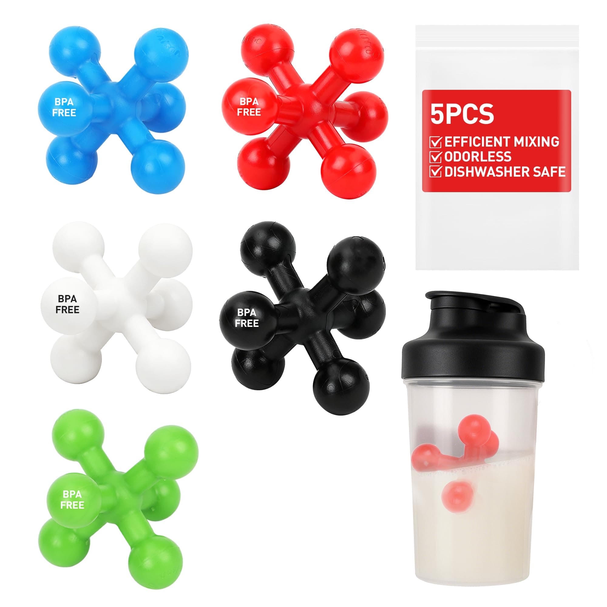 Shaker Ball 5-Pack, BPA-Free Food Grade Plastic Replacement Mixing Balls for Protein Shaker Bottle, Easy-Clean 2.2″ Universal Fit for Most Protein Shakes, Smoothies & Formula Bottles