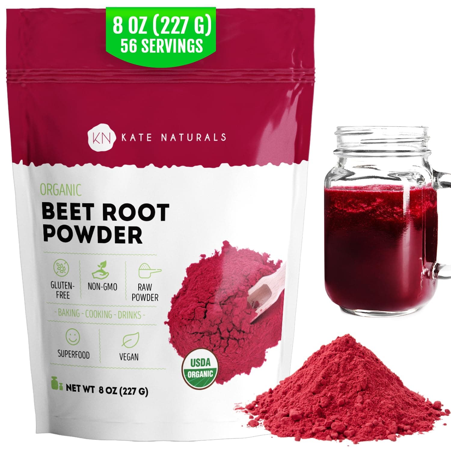 Kate Naturals Organic Beet Root Powder for Smoothies, Baking & Juice. Raw Beetroot Superfood & Natural Red Food Coloring (8oz, Non-GMO, Earthy Flavor)